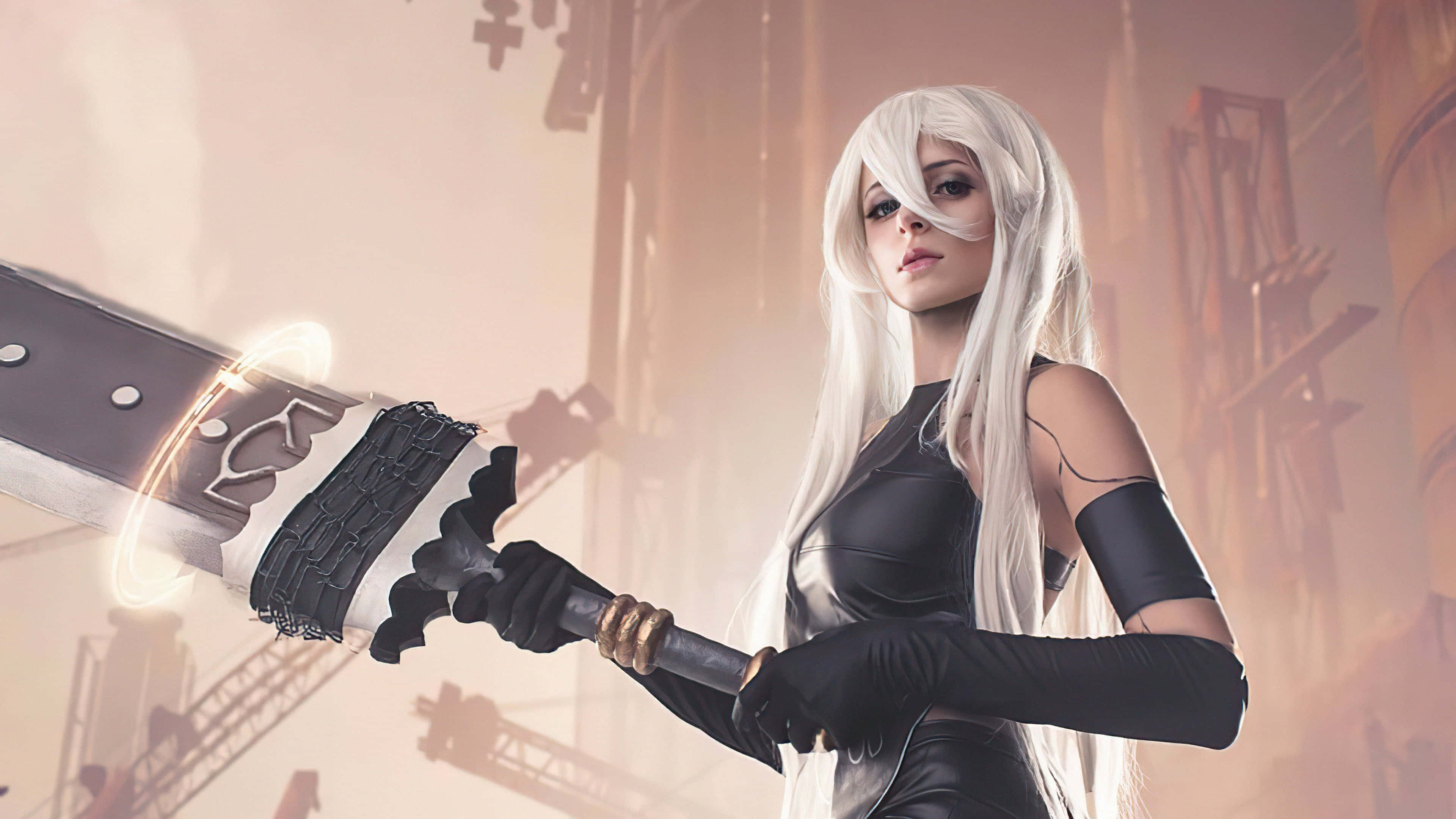 Gaming Cosplay, long white hair, glowing sword, 4K Desktop Wallpaper