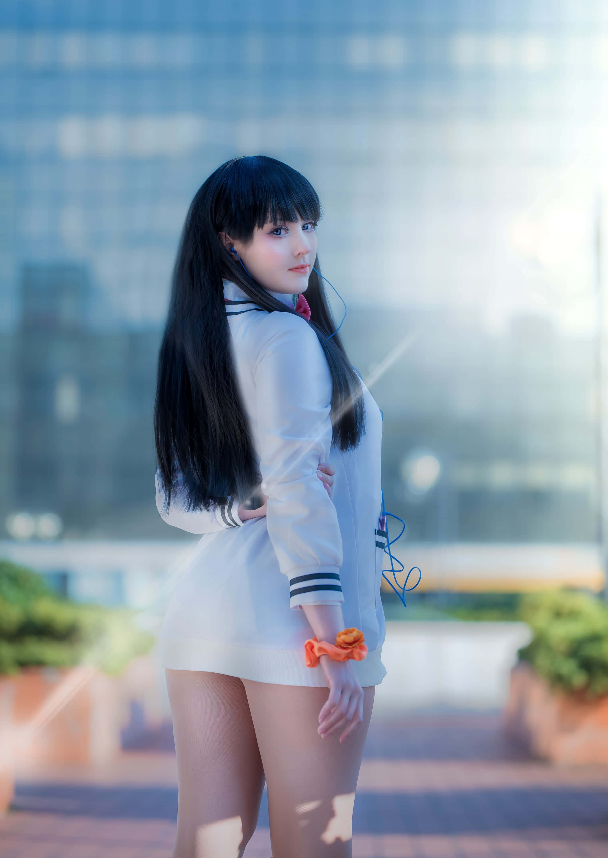 Gaming Cosplay, white sailor uniform, sunlight flaring, 2K Phone Wallpaper