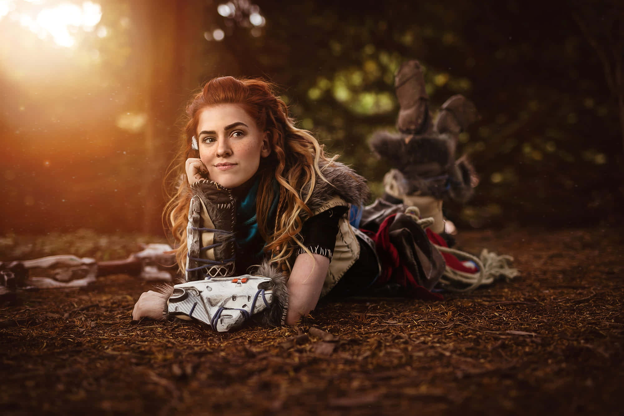 red-haired warrior, fur-trimmed armor, forest floor, Full HD Desktop Wallpaper