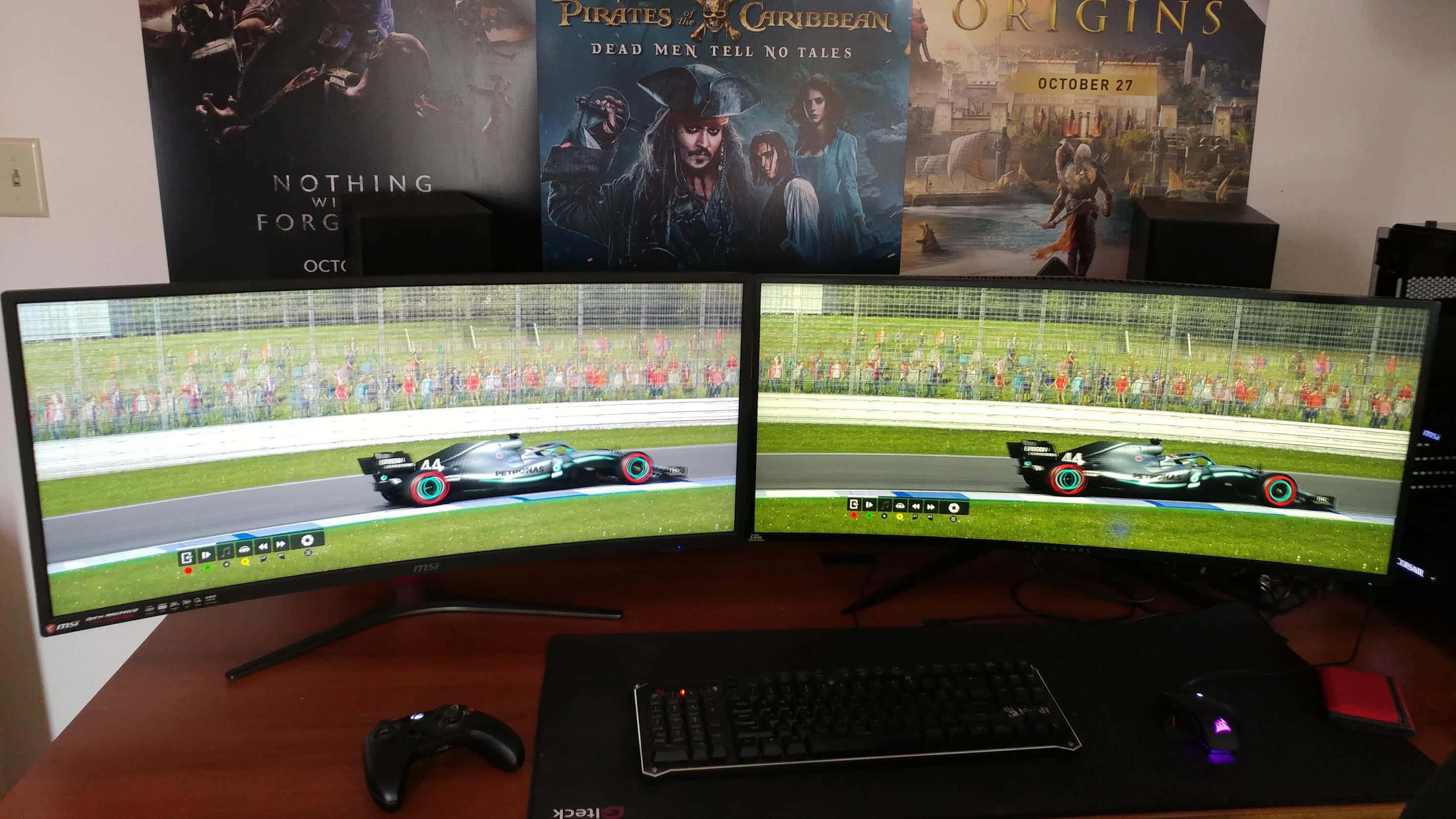 dual ultrawide monitor setup, racing game, green track, 2K Desktop Wallpaper