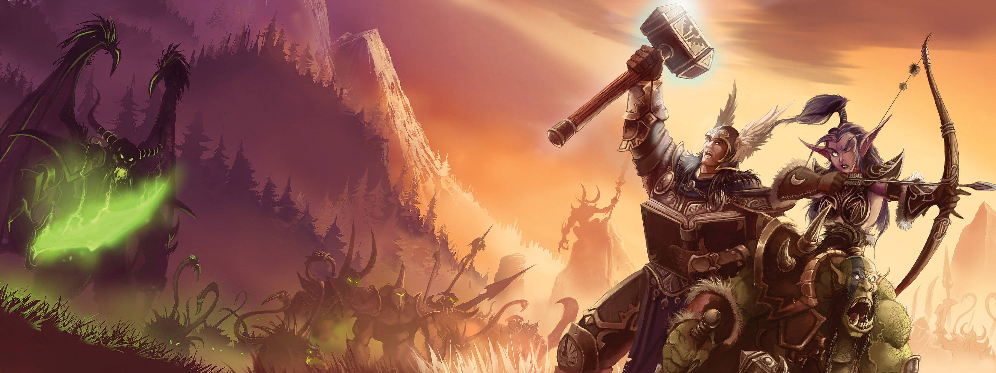 fantasy warriors, beast, fiery sunset, 2K Desktop Wallpaper