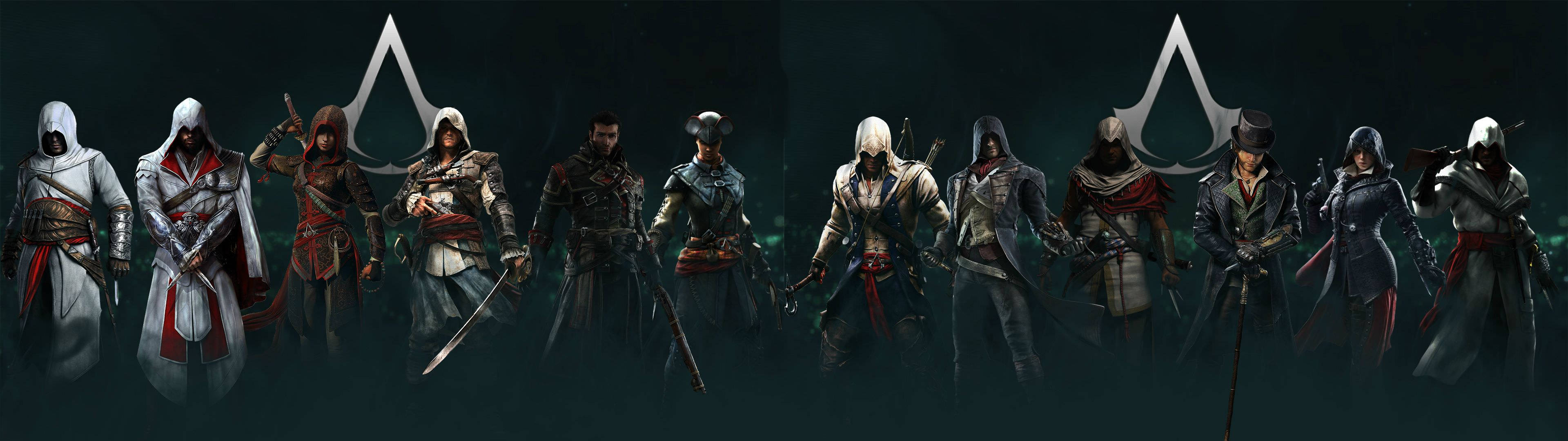 Gaming Dual Screen, assassin characters, hooded robes, 4K Desktop Wallpaper