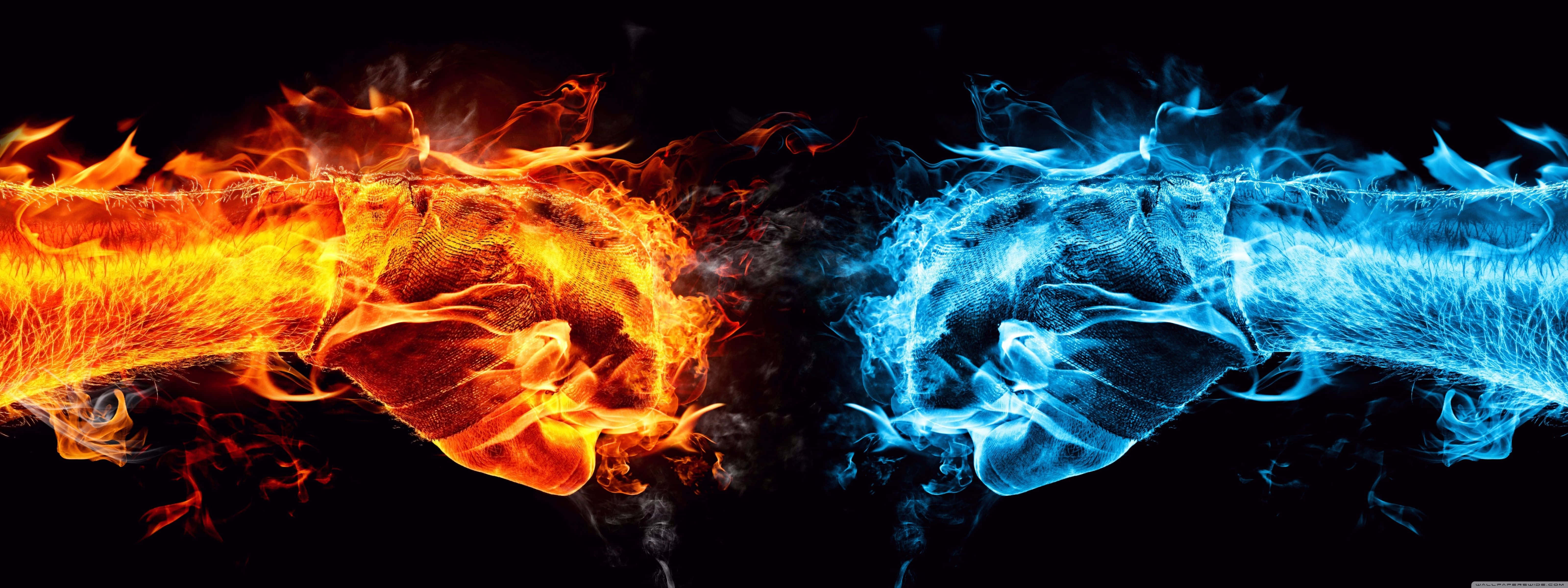 fiery orange flames, icy blue flames, black background, 5K Desktop Wallpaper