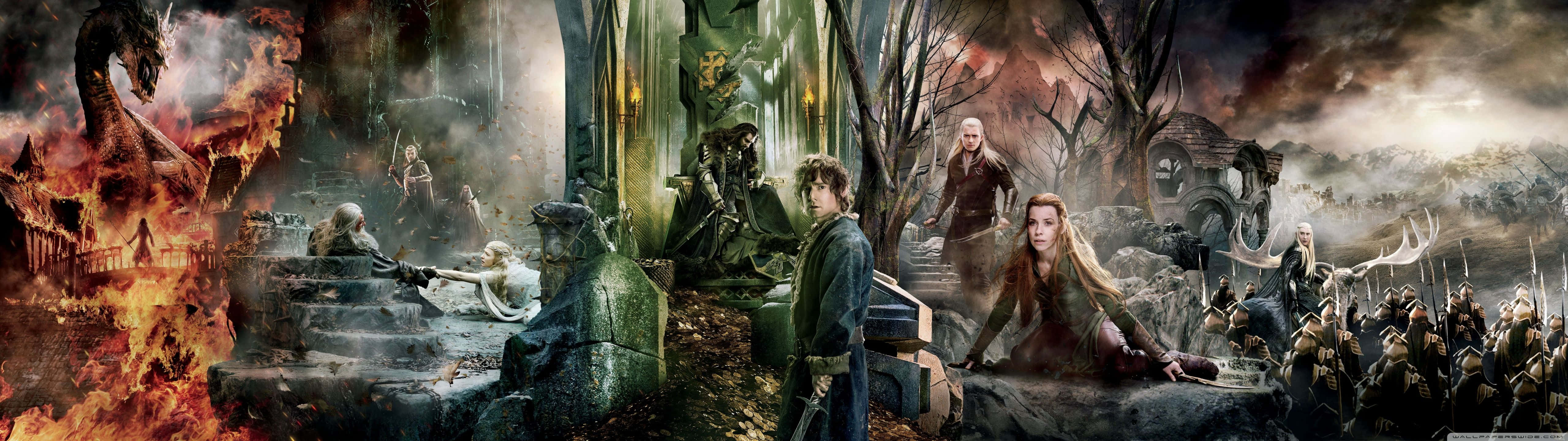5120x1440 dual screen, fantasy battle scene, dragons, 5K Desktop Wallpaper