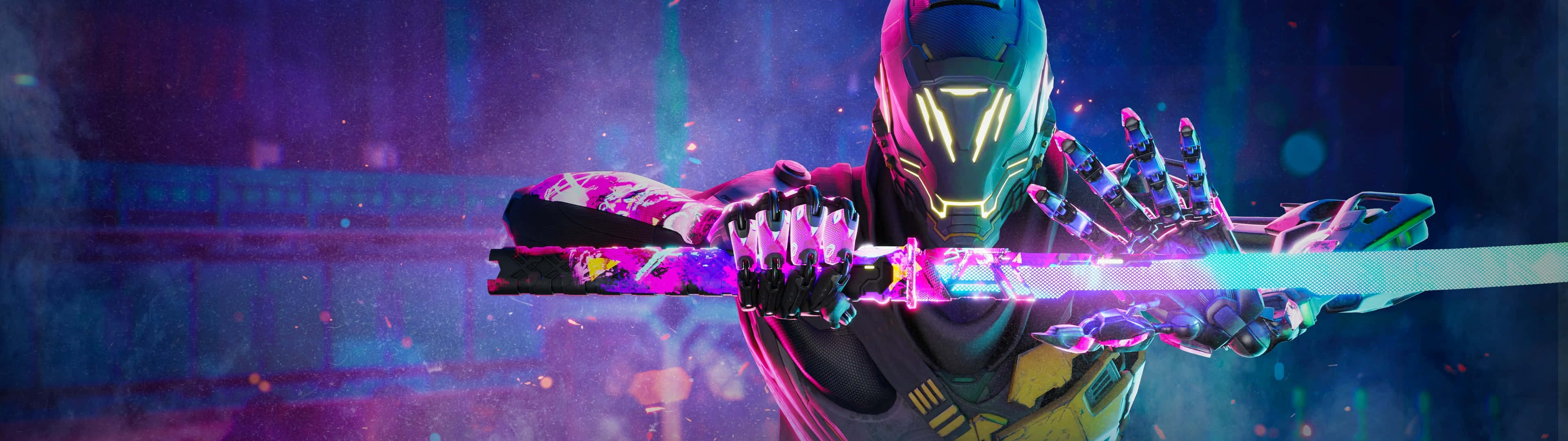 3840 x 1080, futuristic warrior, glowing armor, 4K Desktop Wallpaper