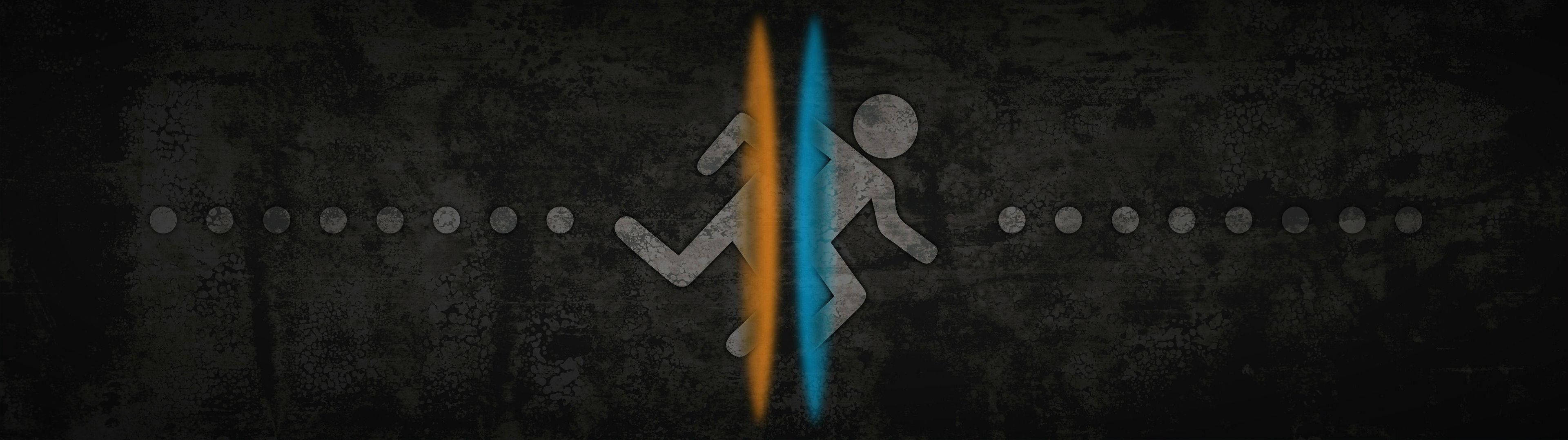 dual screen, glowing orange and blue vertical line, textured dark gray wall, 4K Desktop Wallpaper