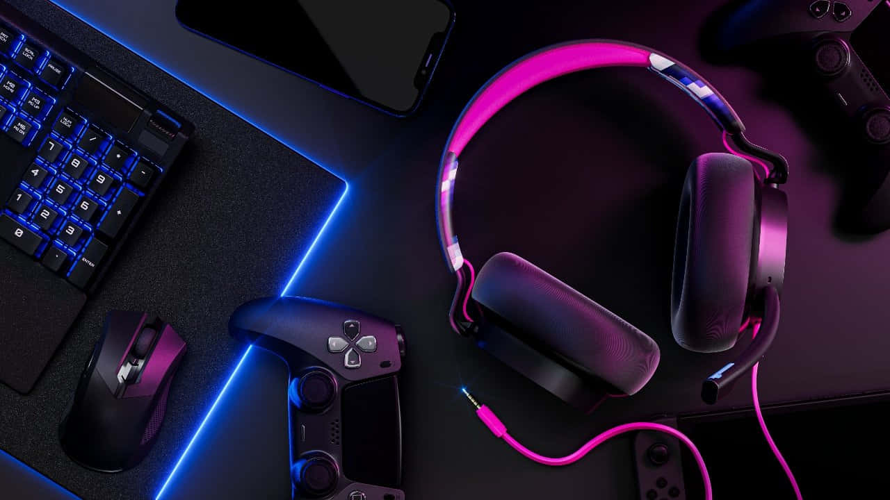 gaming headsets, pink and blue neon lights, dark desk, HD Desktop Wallpaper
