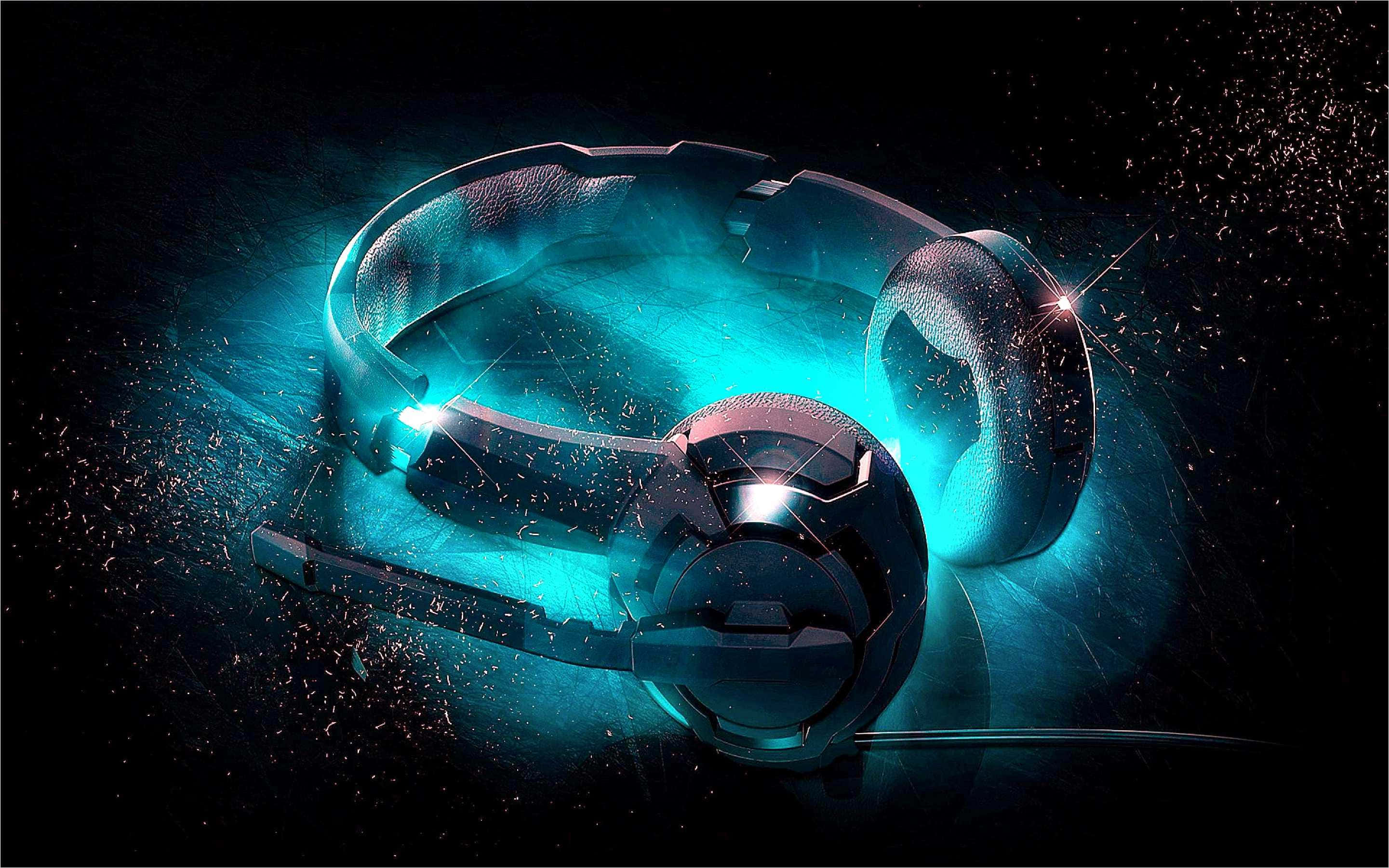 futuristic headphones, electric blue light, dark cosmic background, 2K Desktop Wallpaper