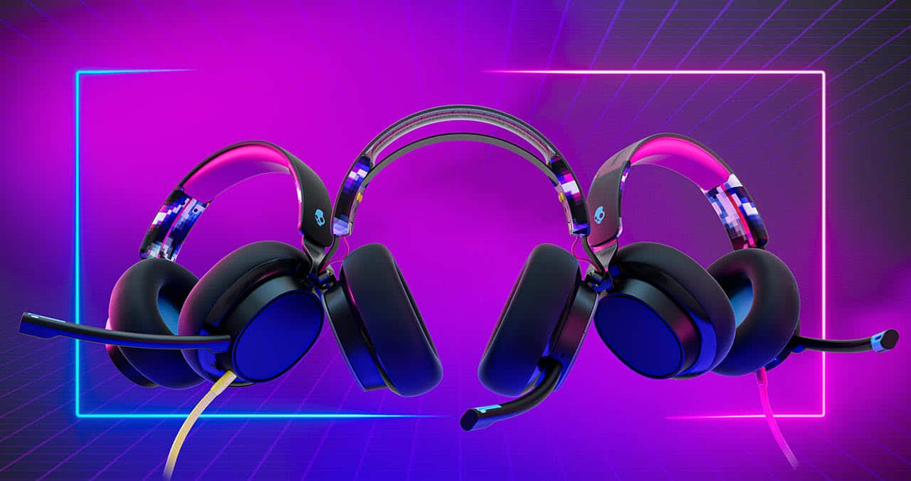 gaming headsets, vibrant purple, blue neon grid, HD Desktop Wallpaper