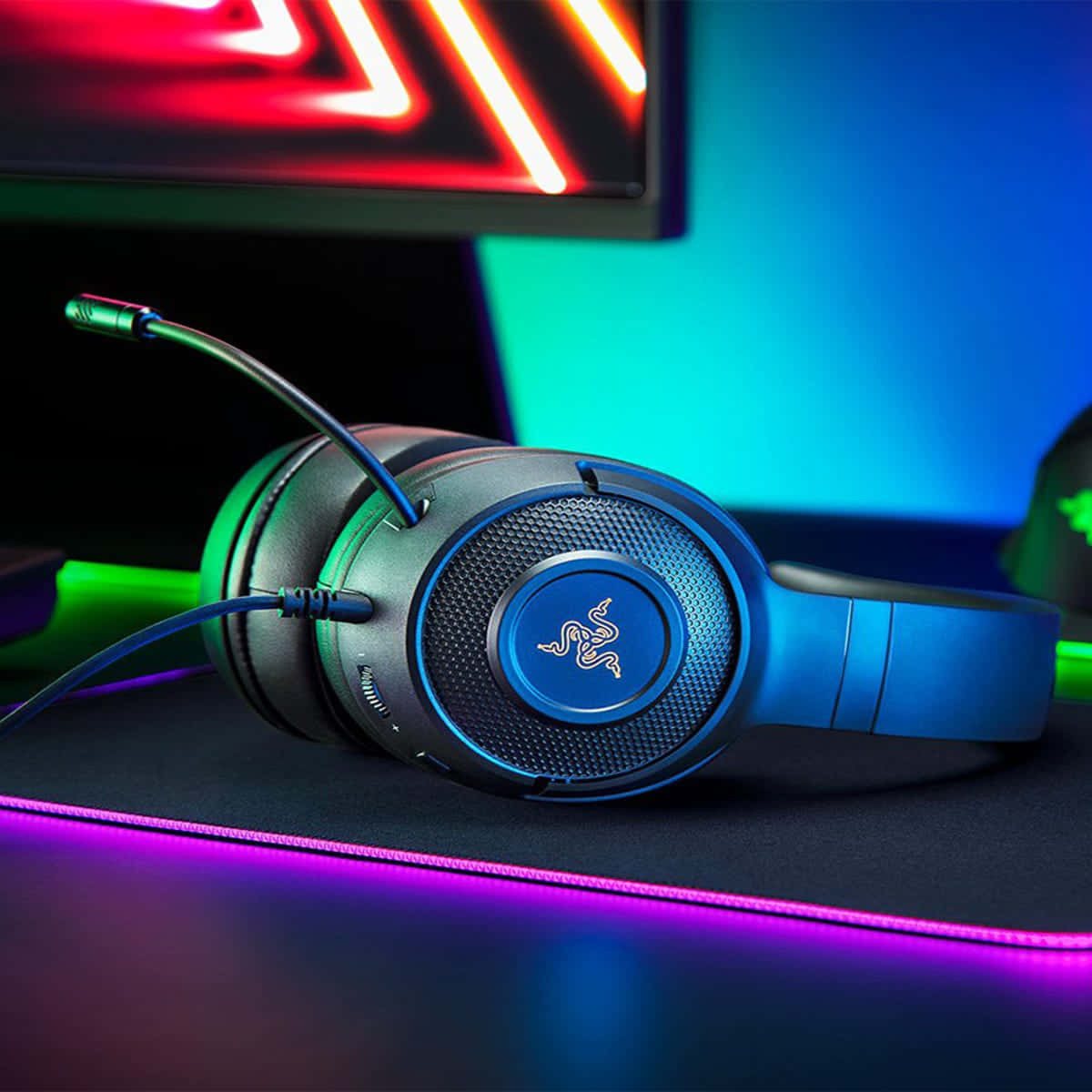 gaming headset, glowing blue accents, desk, SD Desktop Wallpaper