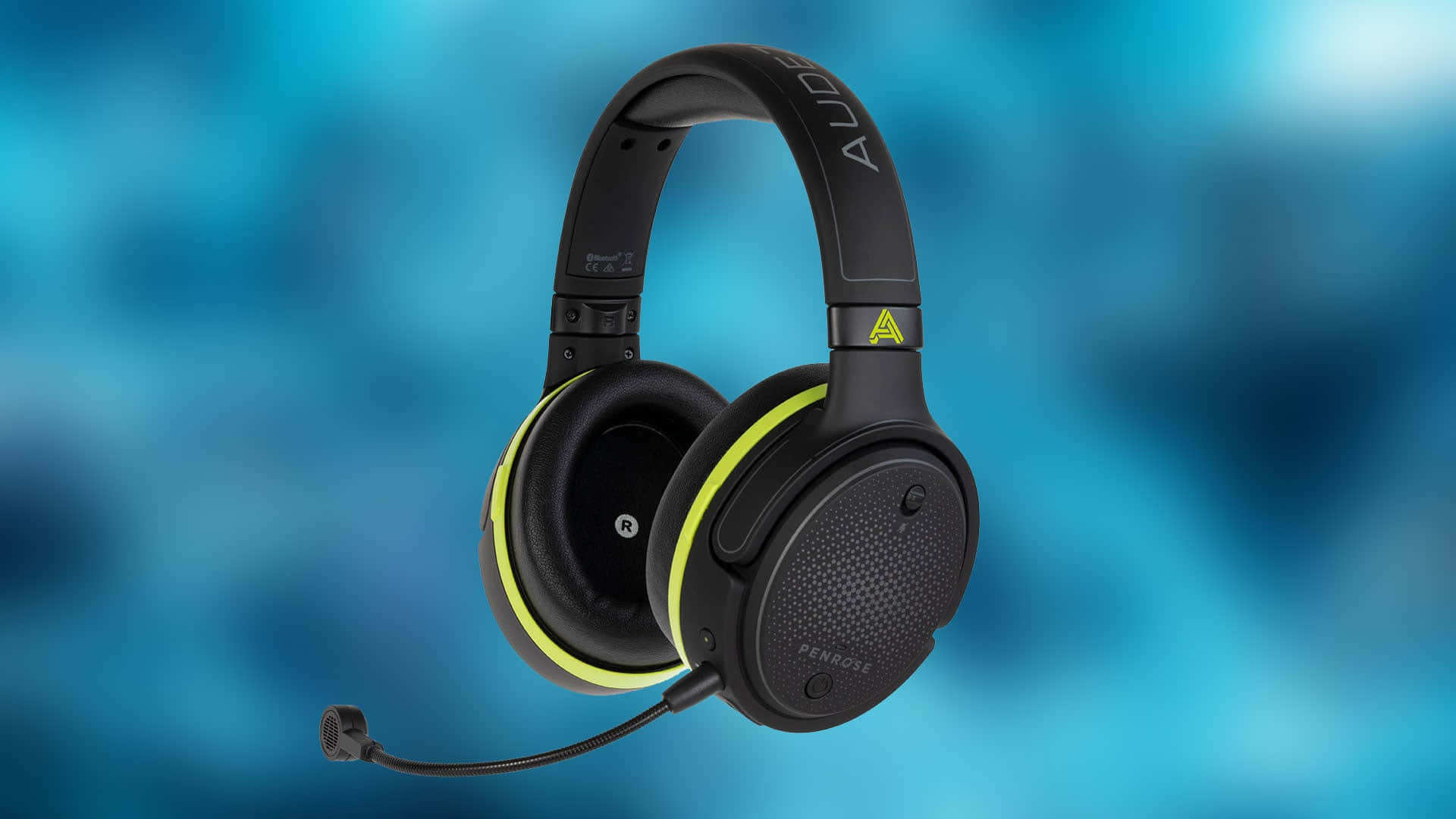 black gaming headset, neon yellow accents, blurred blue gradient background, Full HD Desktop Wallpaper