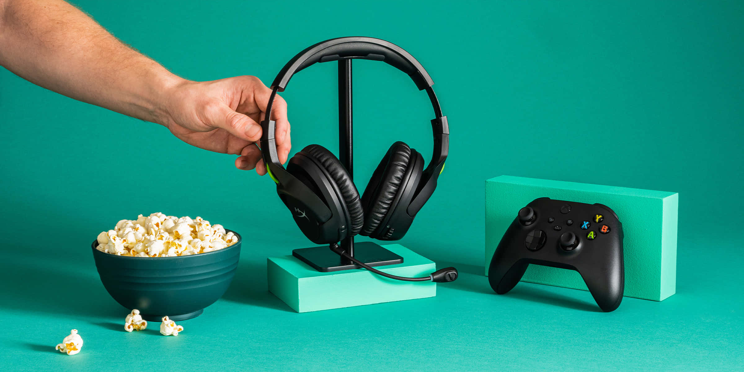 gaming headsets, teal surface, popcorn, Full HD Desktop Wallpaper