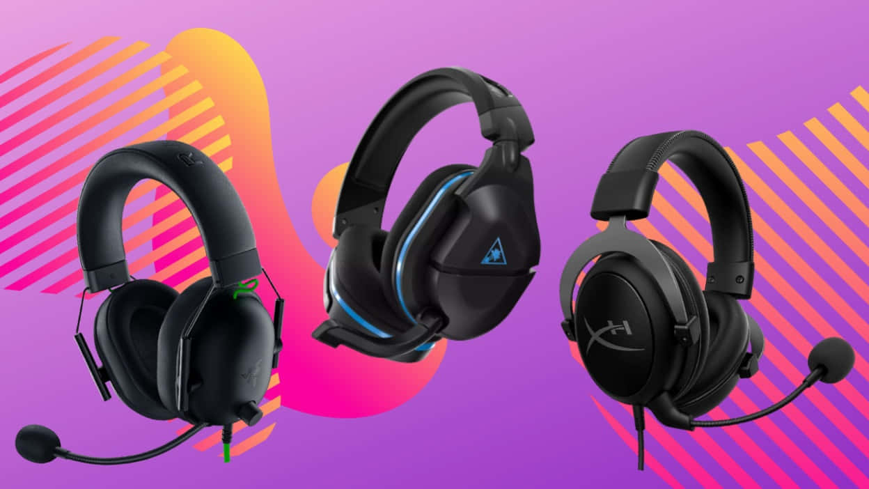 gaming headsets, black, vibrant purple pink and orange abstract background, SD Desktop Wallpaper