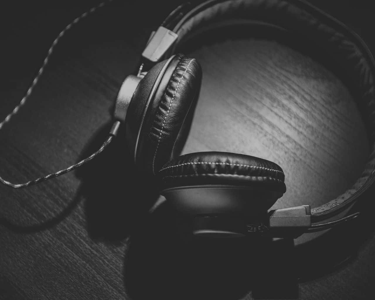 gaming headsets, dark wooden surface, moody black and white, HD Desktop Wallpaper
