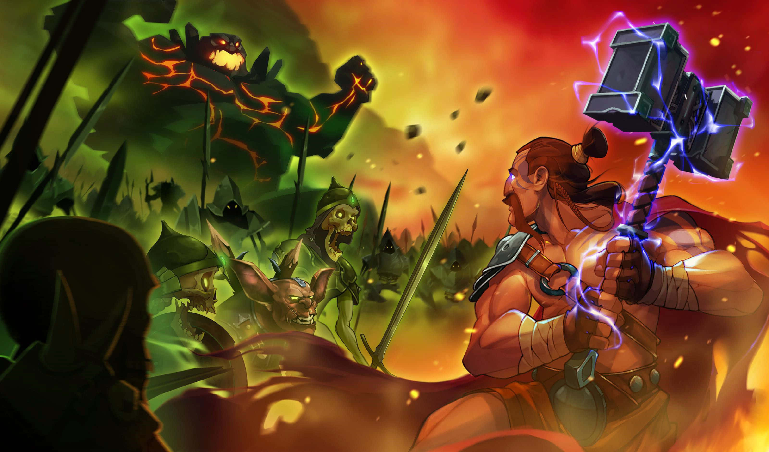 glowing hammer, green-skinned monsters, fiery orange sky, 2K Desktop Wallpaper
