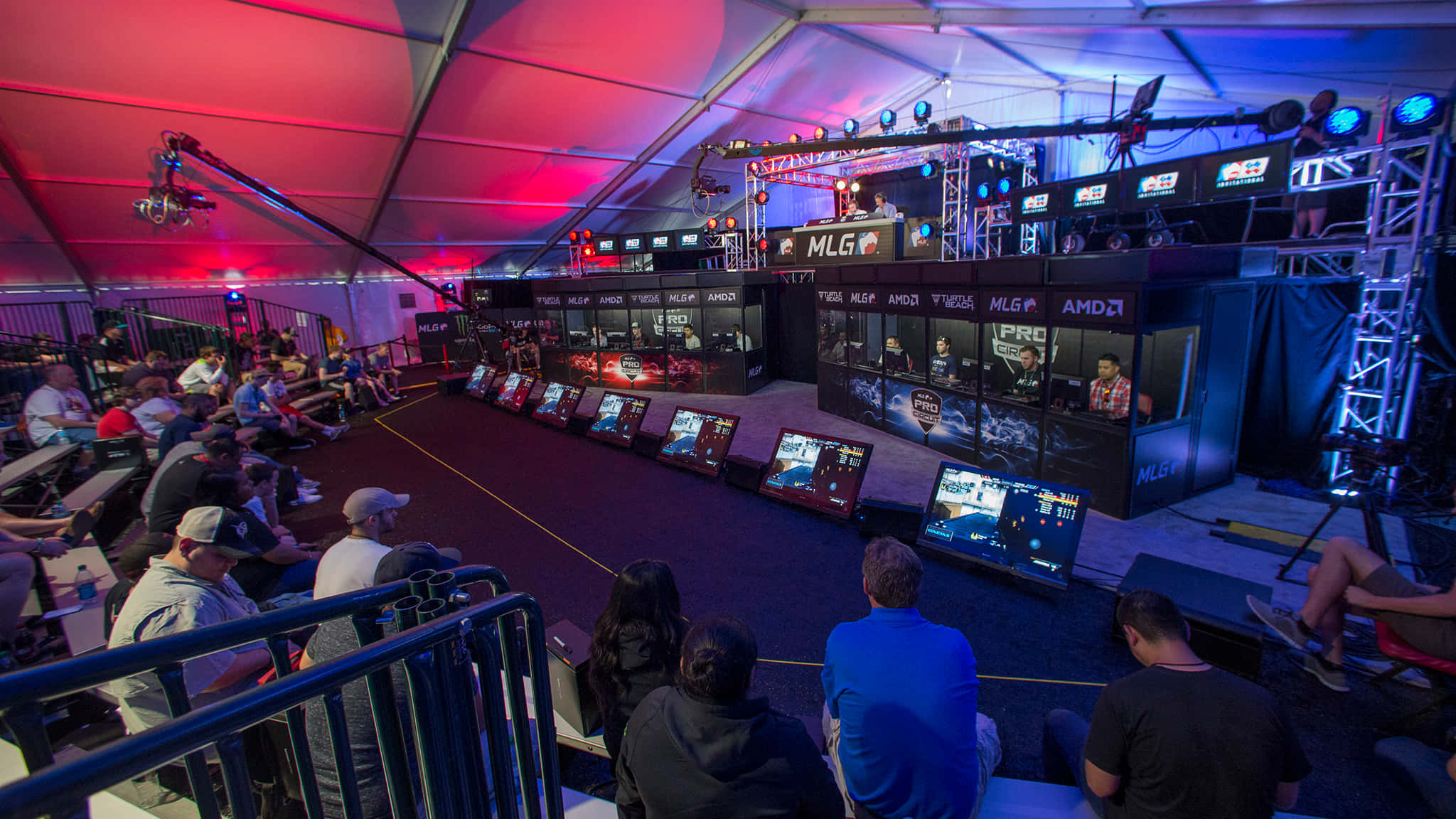 gaming tournament, esports arena, red and blue stage lights, Full HD Desktop Wallpaper