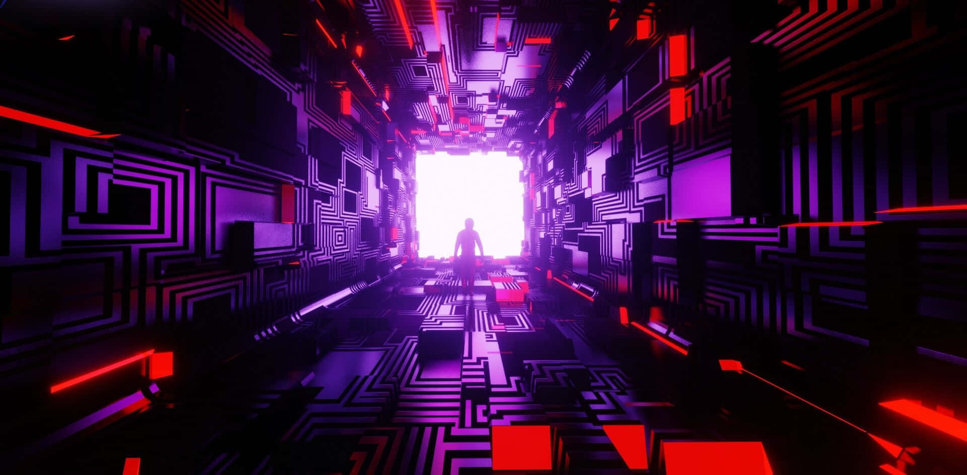 Neon Gaming, glowing purple and red neon-lit digital corridor, bright white exit, Full HD Desktop Wallpaper