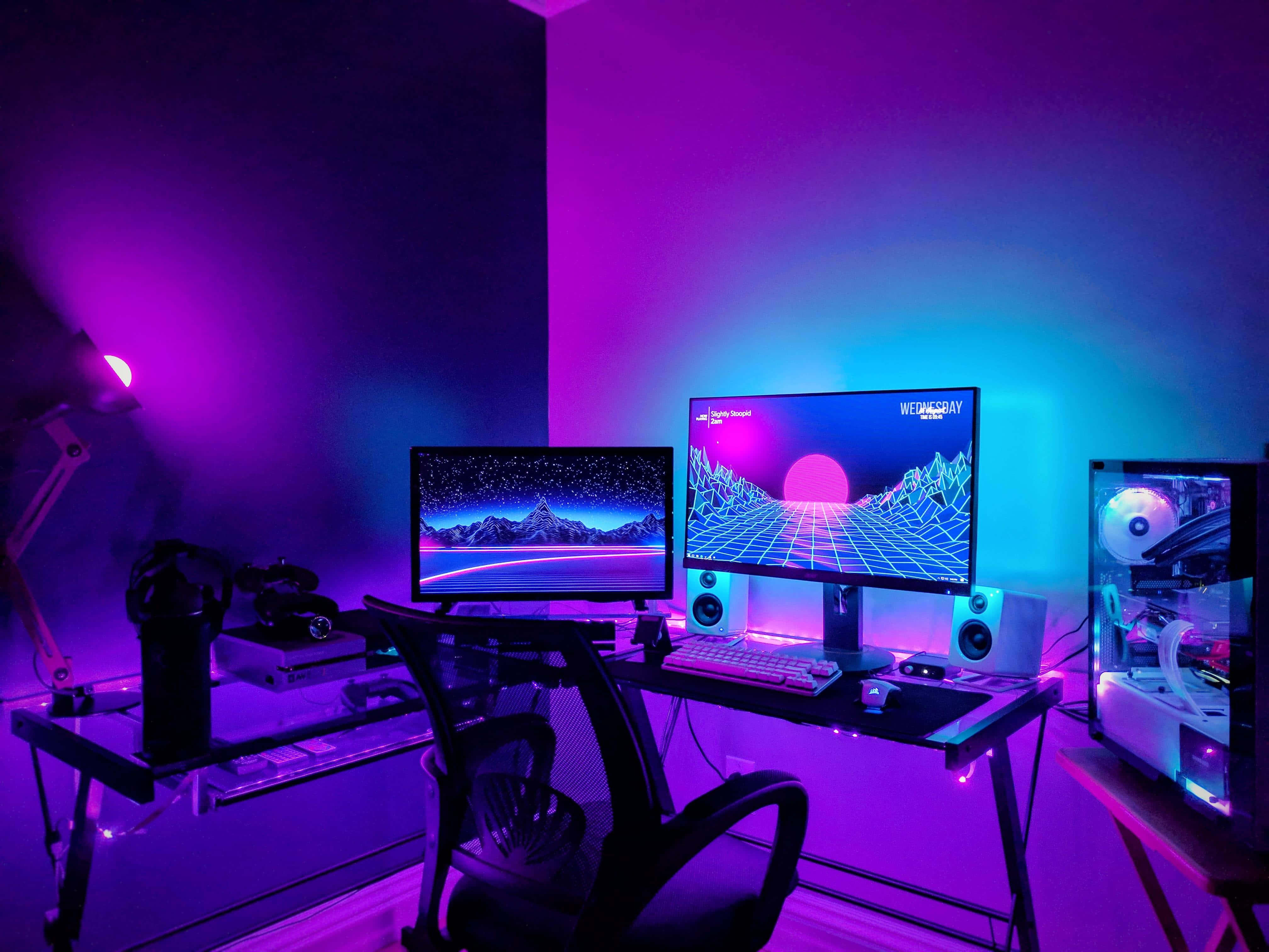 gaming PC setup, dual monitors, retro-futuristic landscapes, 4K Desktop Wallpaper