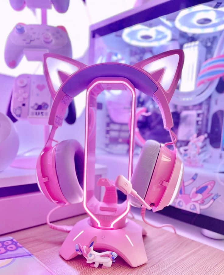 pink cat-ear headphones, neon-lit gaming setup, controllers, SD Phone Wallpaper