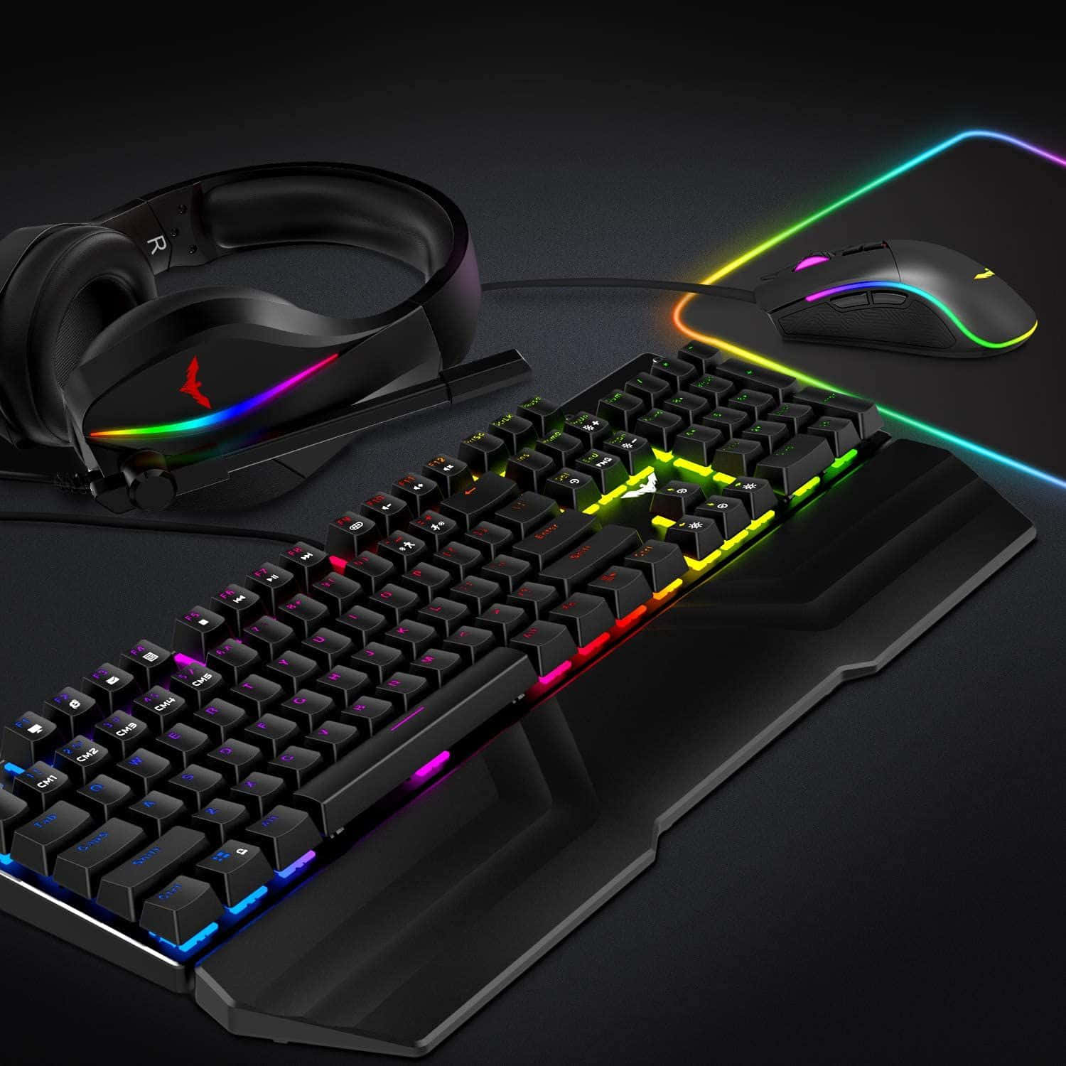 gaming accessories, rainbow-lit keyboard, mouse, HD Desktop Wallpaper
