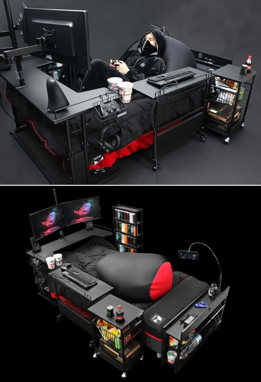 black and red ergonomic bed, built-in desk and monitors, tech accessories, SD Phone Wallpaper