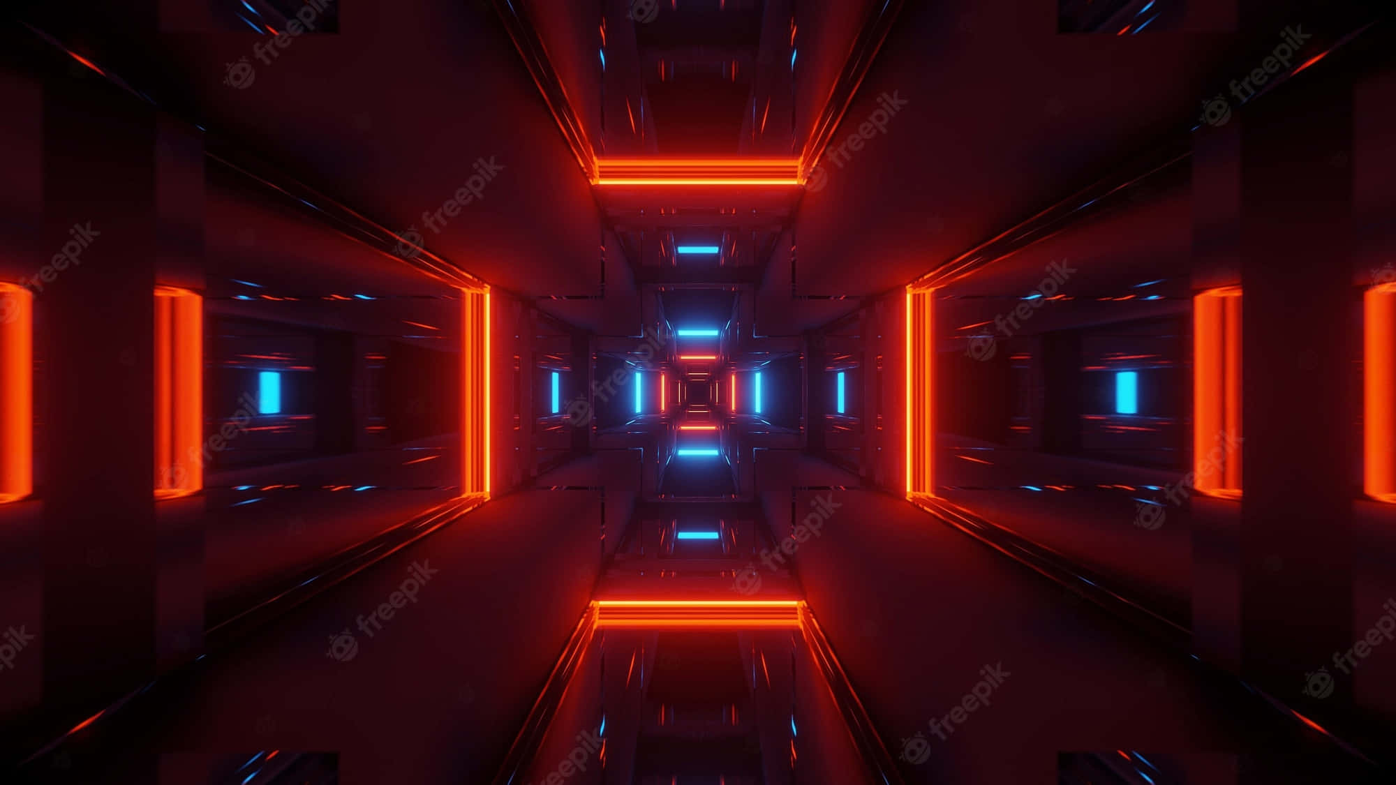 Red Gaming, futuristic tunnel, glowing orange and blue neon lights, Full HD Desktop Wallpaper