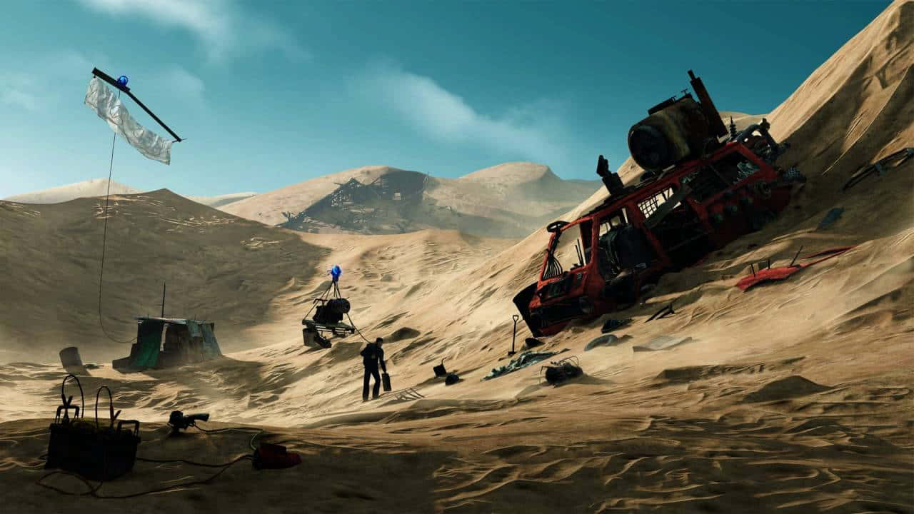 Gaming Mods, desert landscape, abandoned red vehicles, HD Desktop Wallpaper