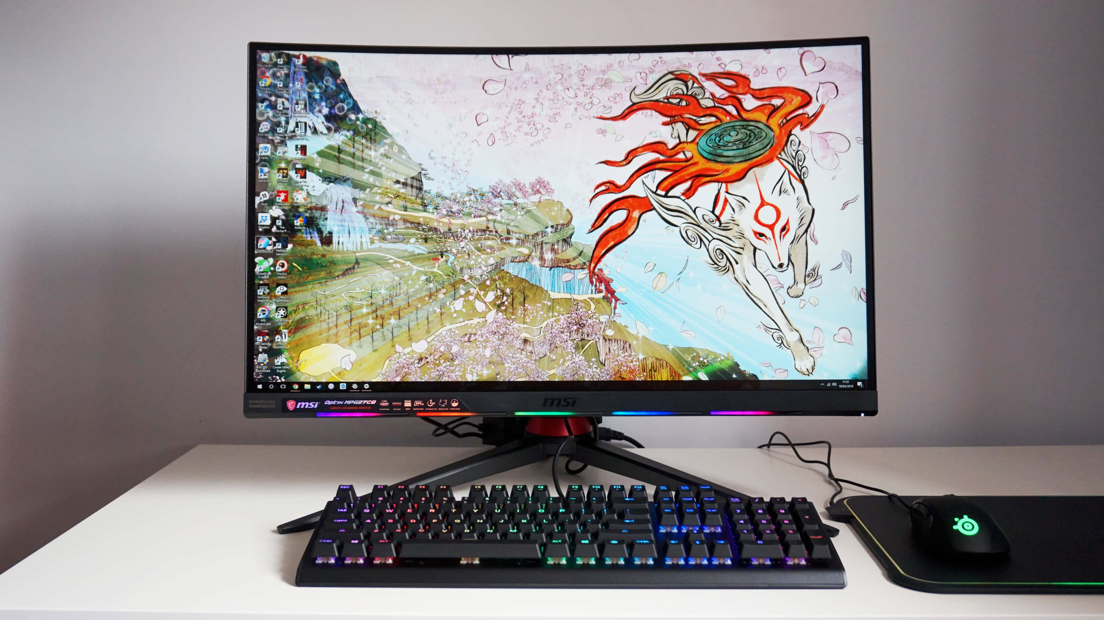 curved gaming monitor, vibrant anime-style wallpaper, fiery white horse, 4K Desktop Wallpaper
