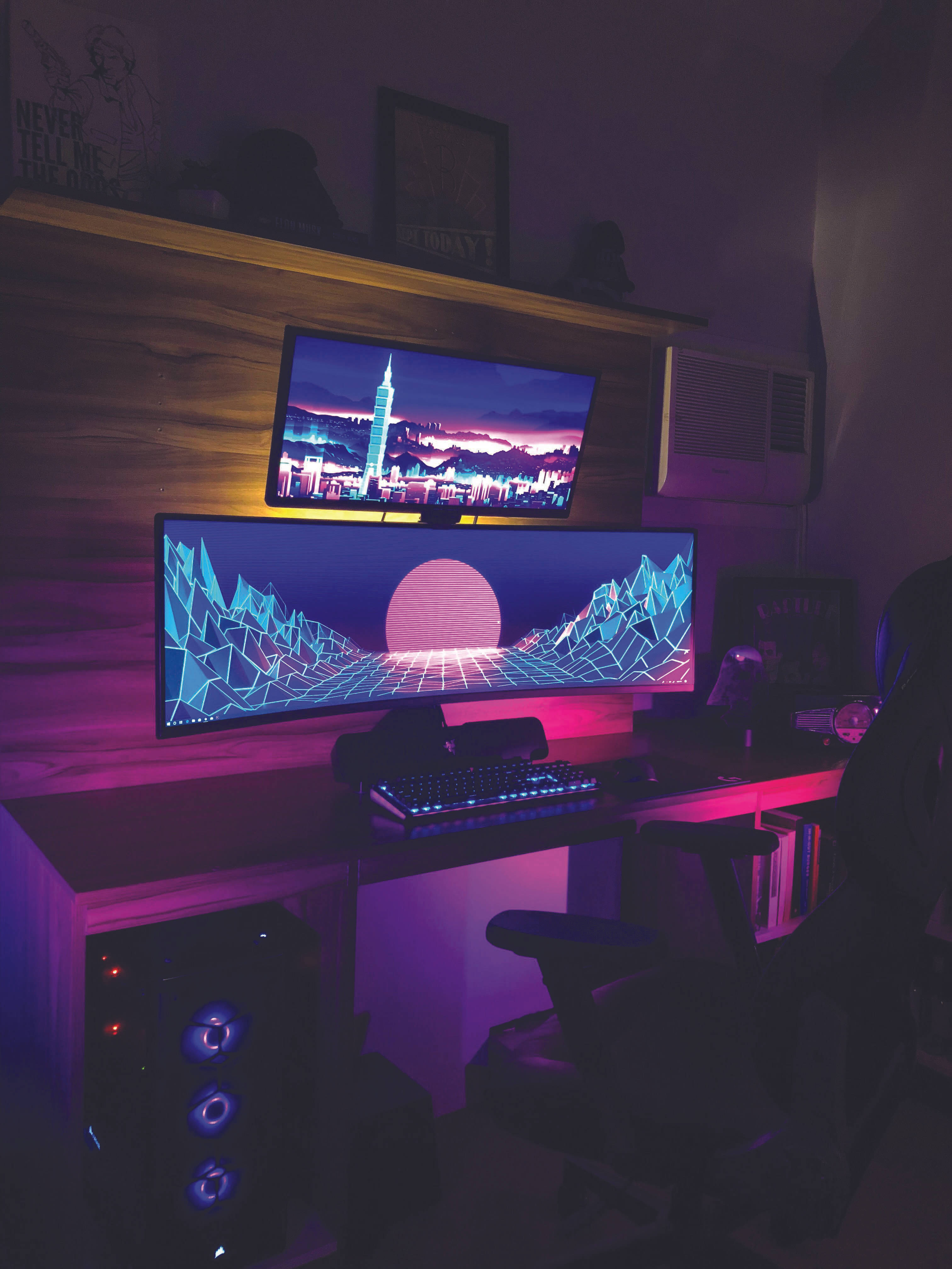 gaming room, ultrawide stacked monitors, neon retro-futuristic cityscapes, 4K Phone Wallpaper
