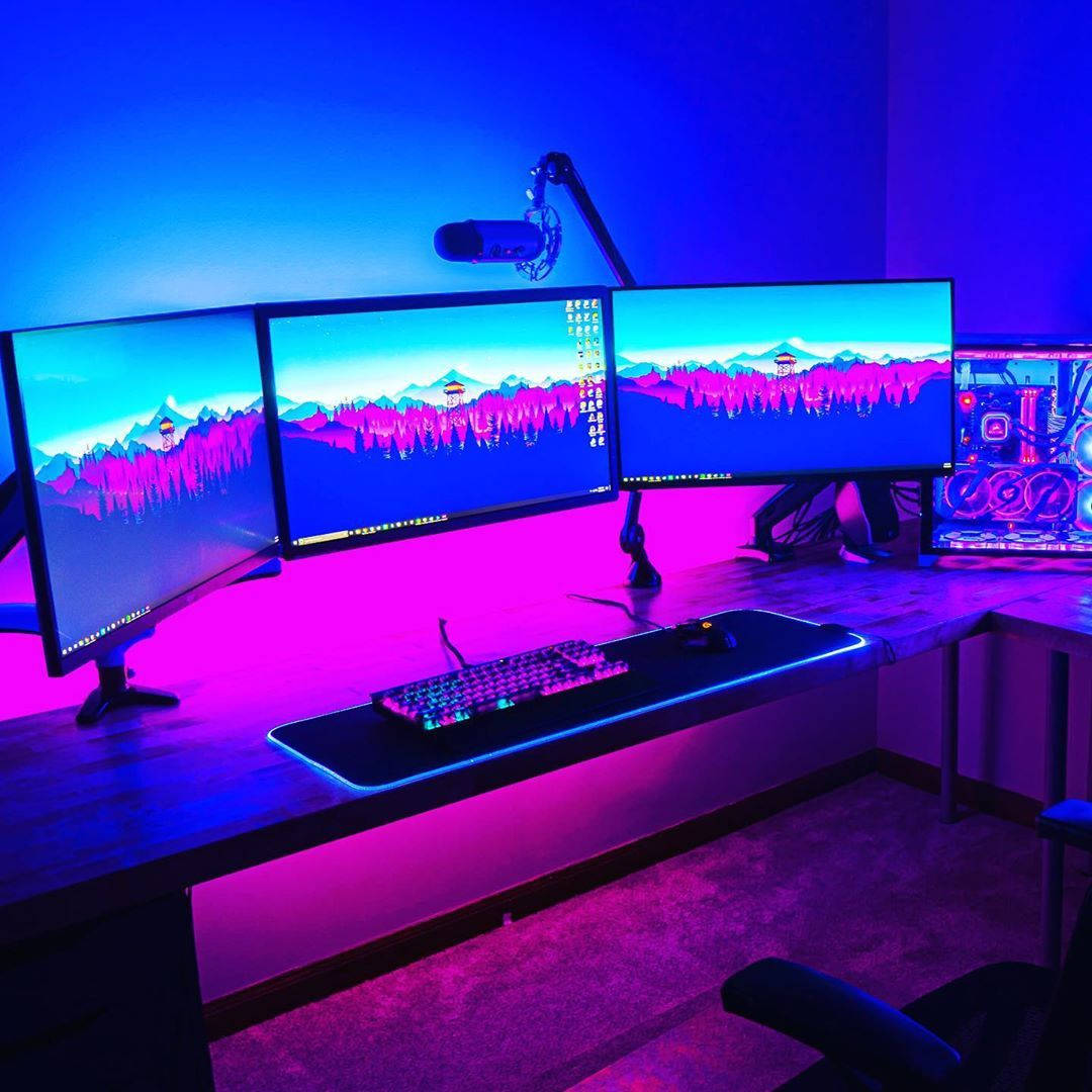 three monitors, neon mountain landscape, purple and blue ambient lighting, SD Desktop Wallpaper