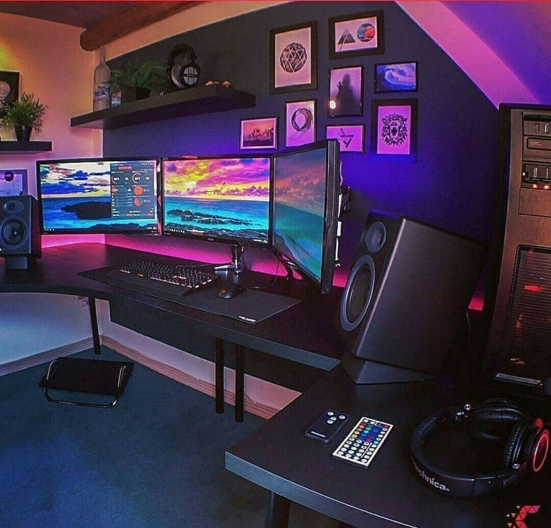 triple monitor gaming setup, vibrant sunset wallpapers, purple ambient lighting, SD Desktop Wallpaper