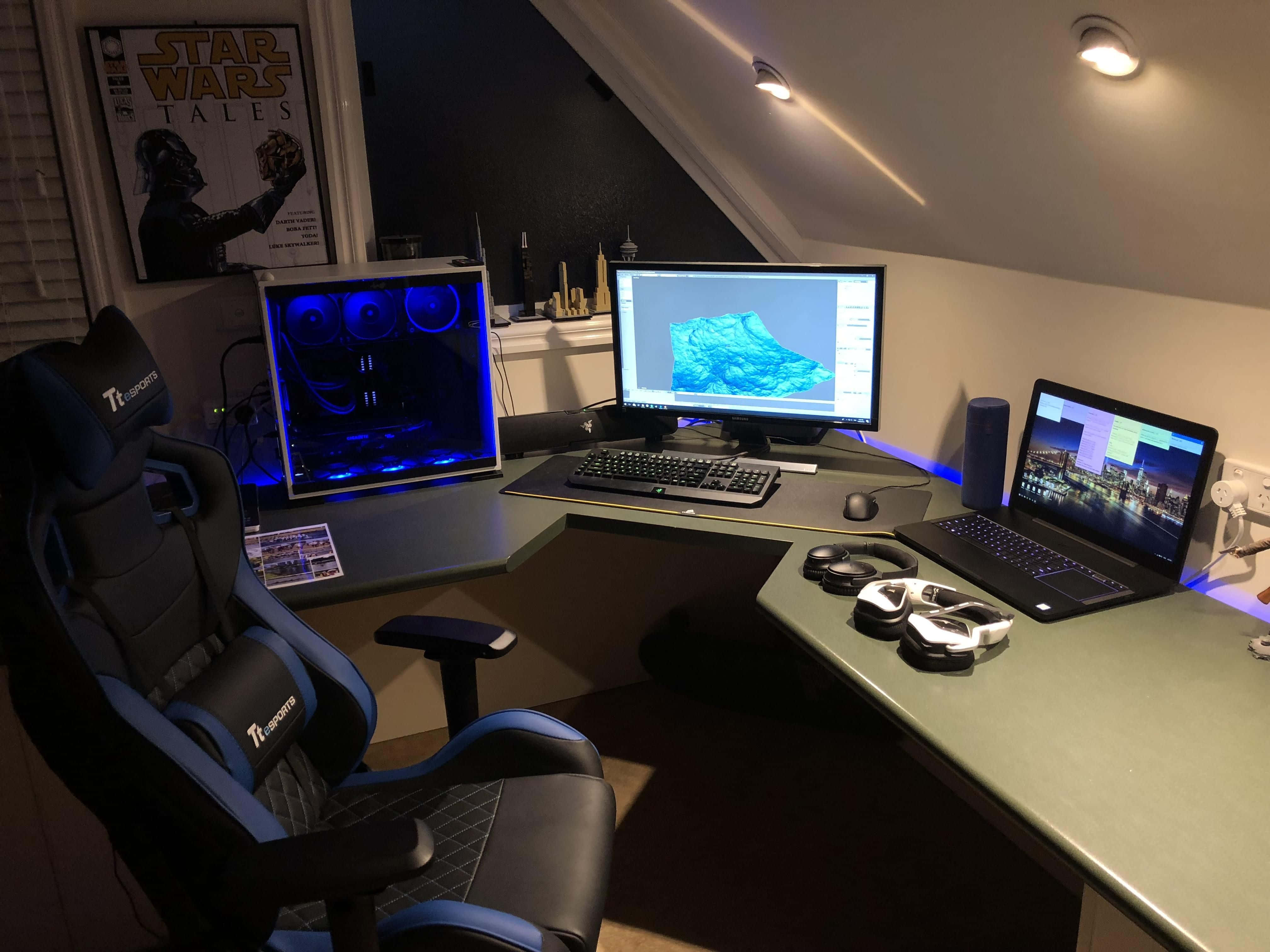gaming PC setup, blue-lit PC tower, multiple monitors, 4K Desktop Wallpaper