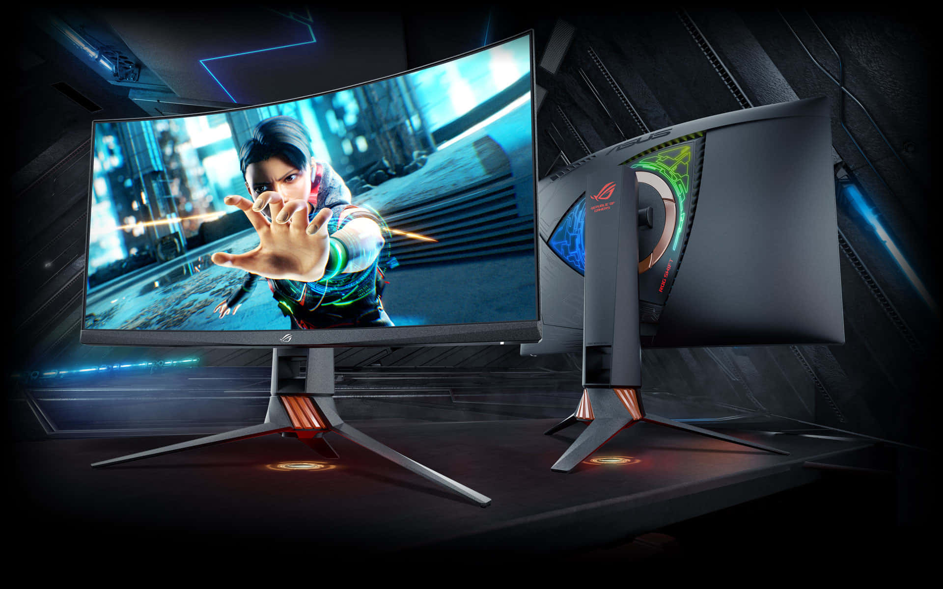 curved gaming monitor, futuristic anime character, neon-lit cyberpunk scene, Full HD Desktop Wallpaper
