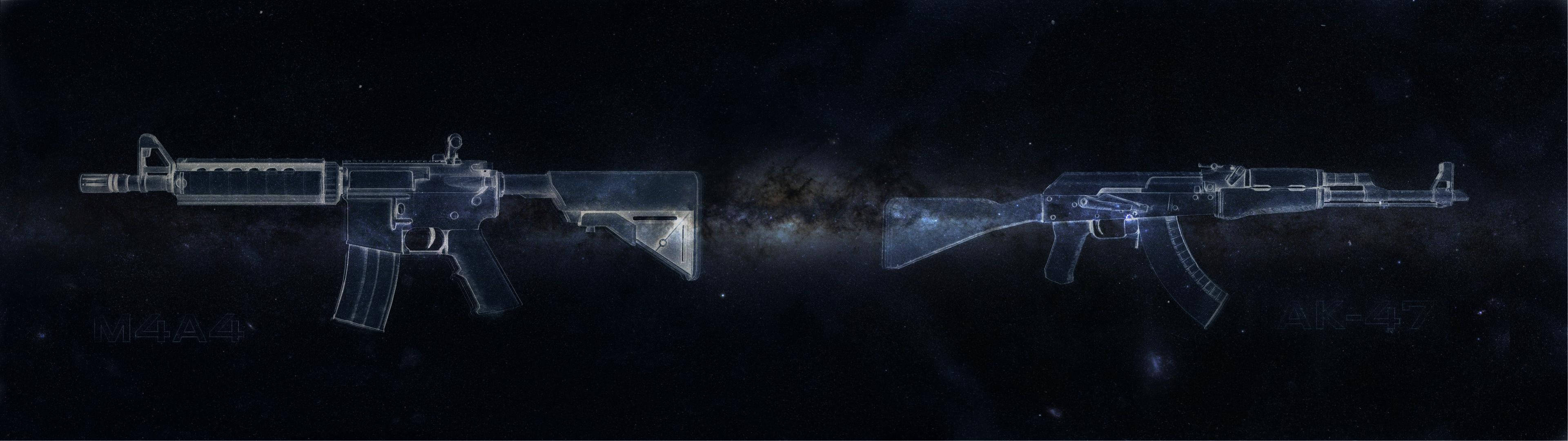 translucent assault rifles, starry cosmic backdrop, glowing nebula, 4K Desktop Wallpaper