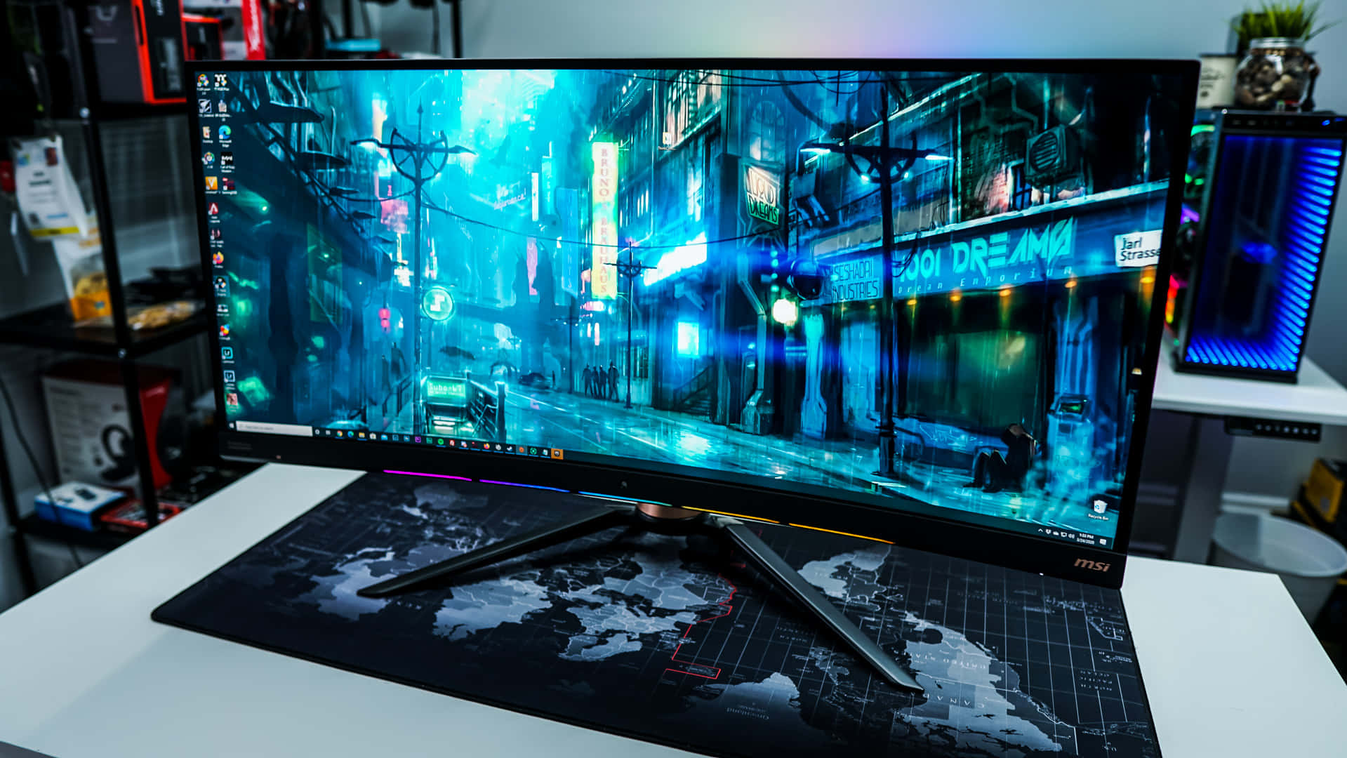 curved gaming monitor, neon-lit cyberpunk street scene, glowing signs, HD Desktop Wallpaper