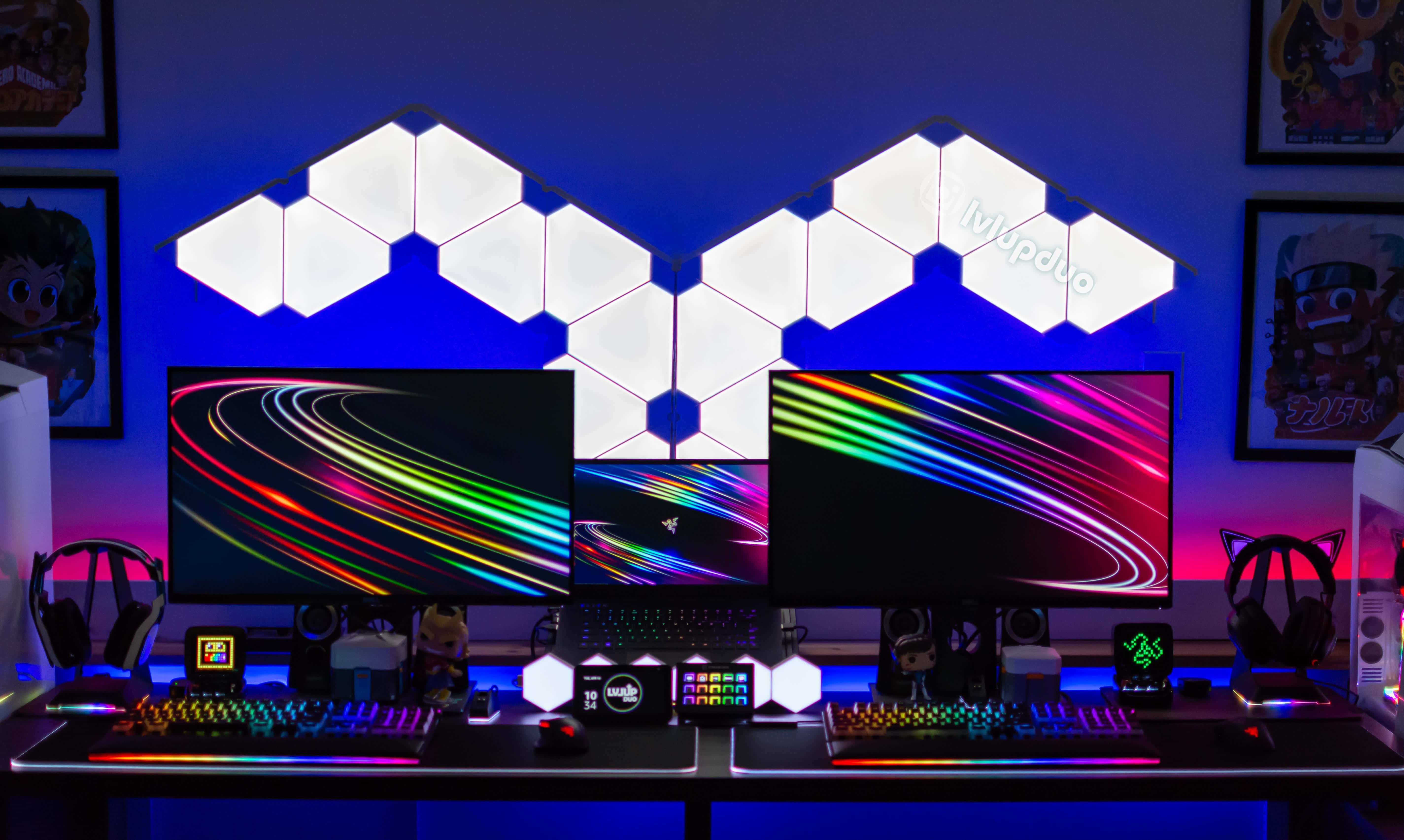 LED light panel, three monitors, colorful light trails, 5K Desktop Wallpaper