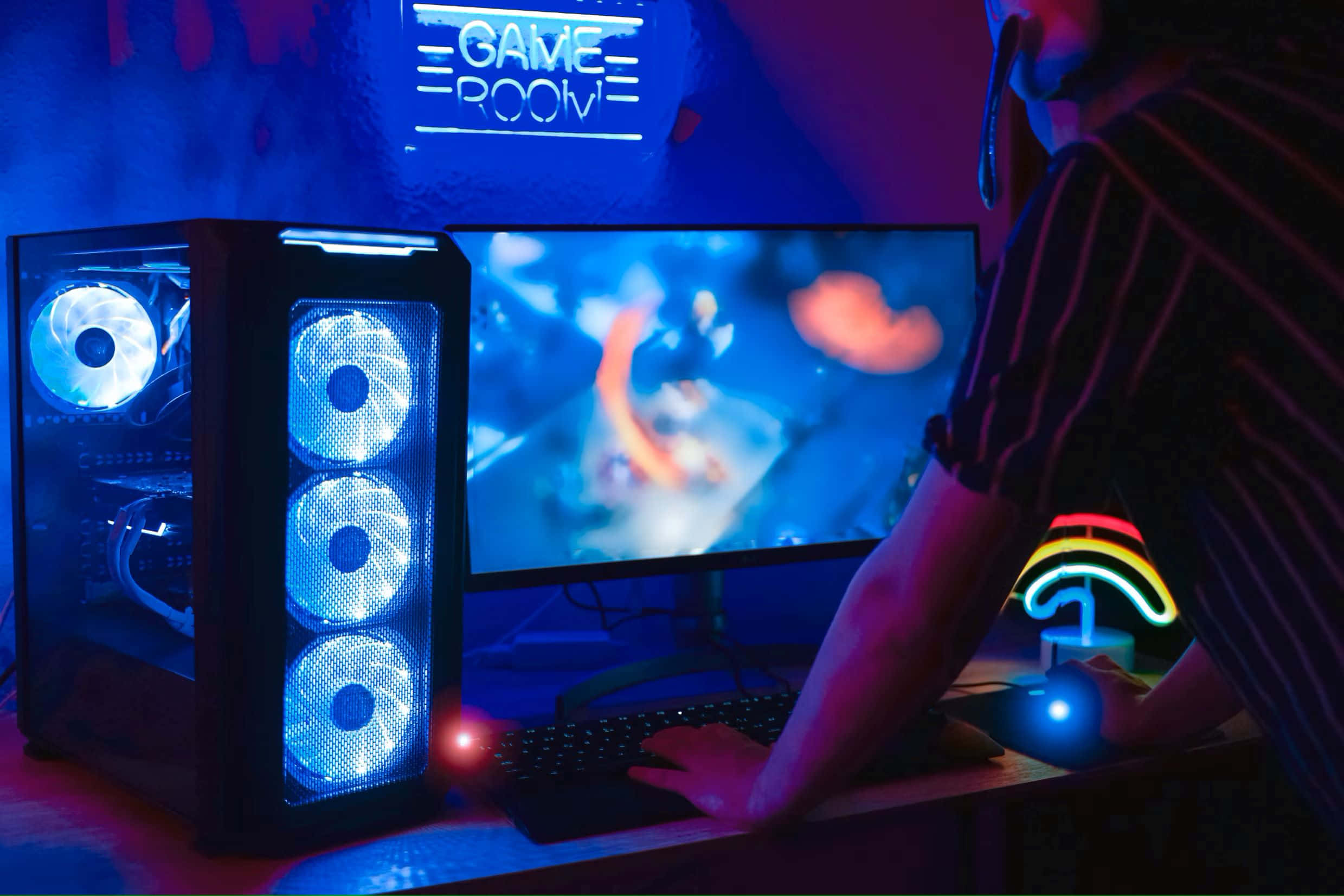 gamer, dim room, blue neon light, Full HD Desktop Wallpaper