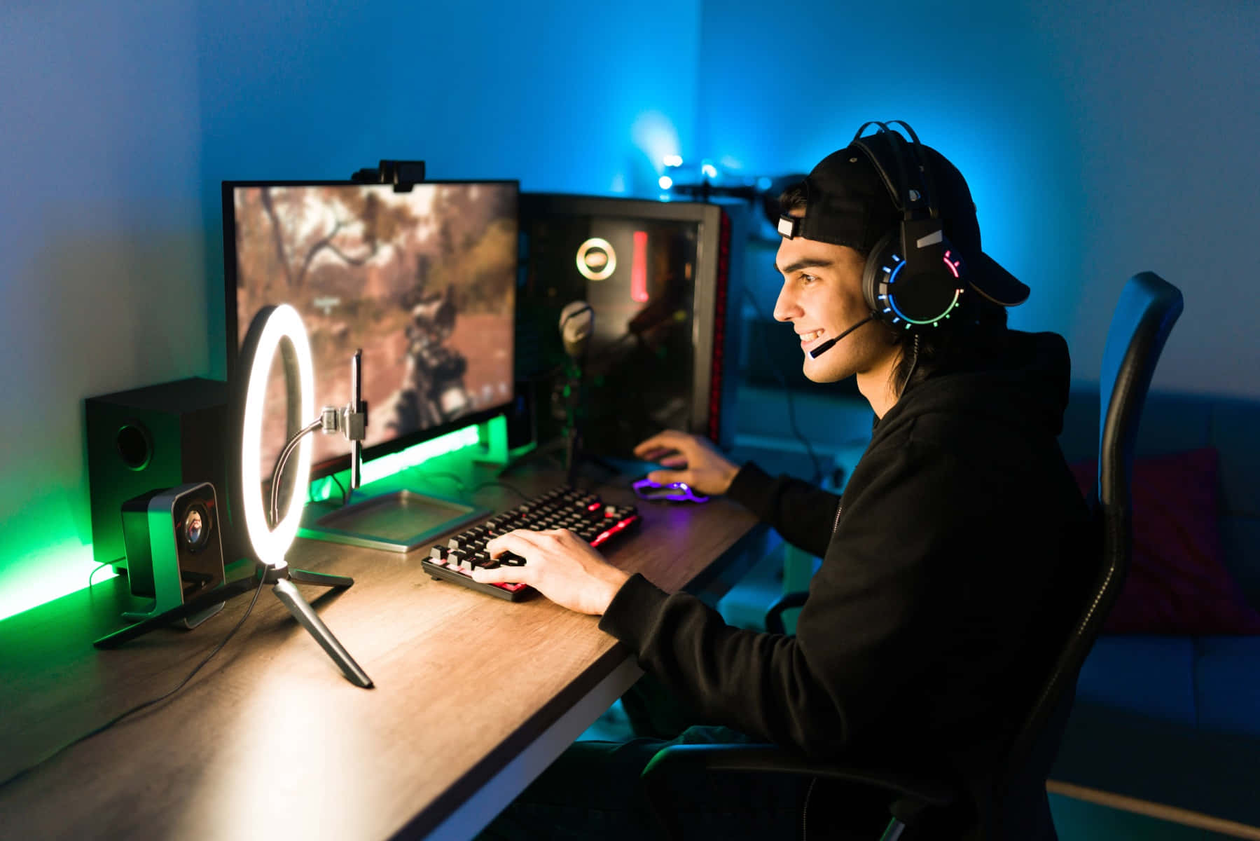 gamer, dual monitor setup, glowing RGB lighting, HD Desktop Wallpaper
