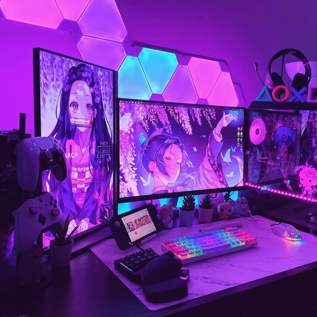 anime inspired, vibrant purple lit, three monitors, SD Desktop Wallpaper