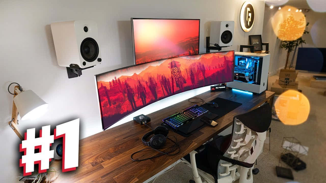 curved monitor, fiery sunset, silhouetted trees, HD Desktop Wallpaper