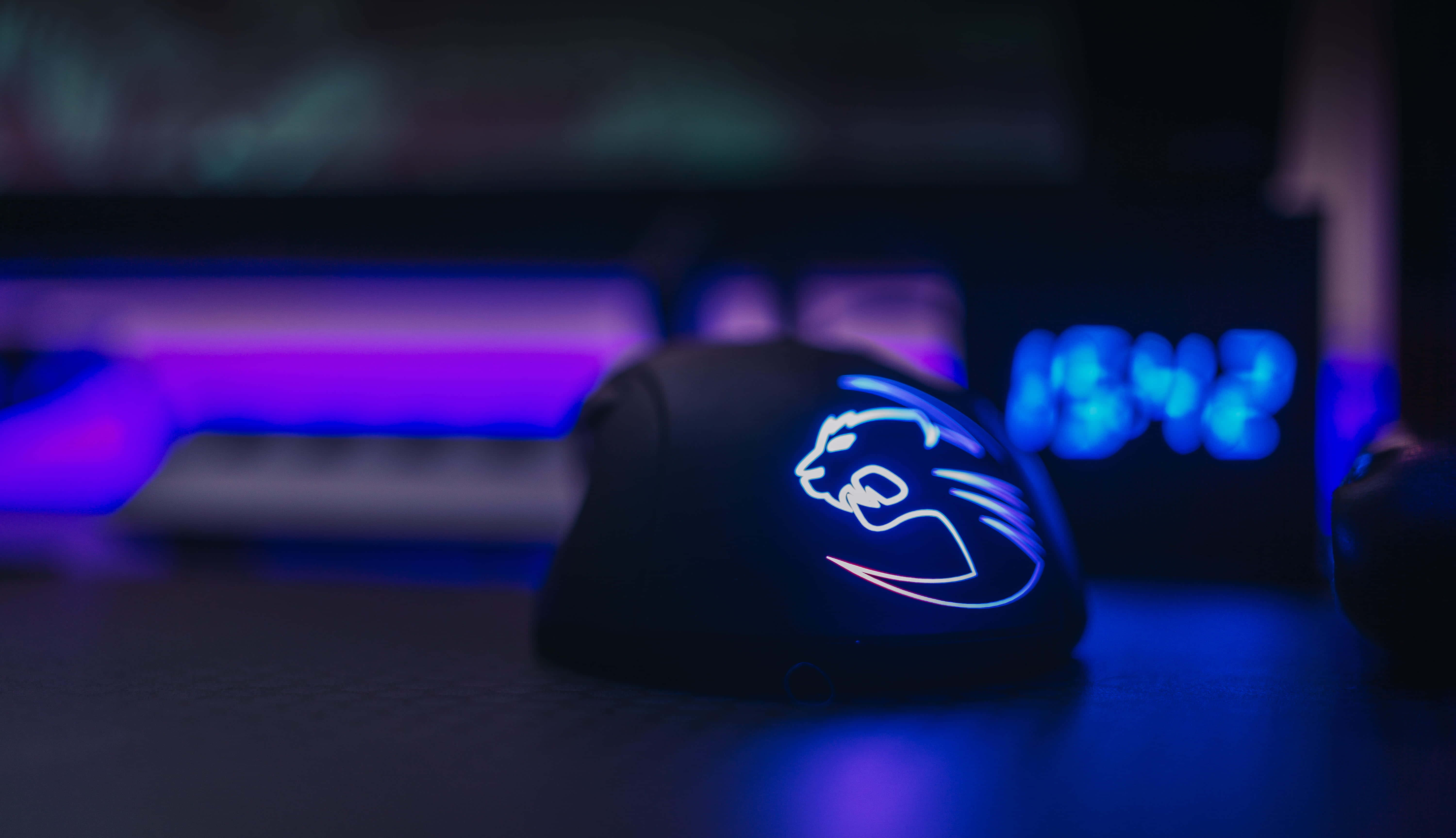 gaming mouse 6000 x 3455, black gaming mouse, glowing blue and pink cat logo, 5K Desktop Wallpaper