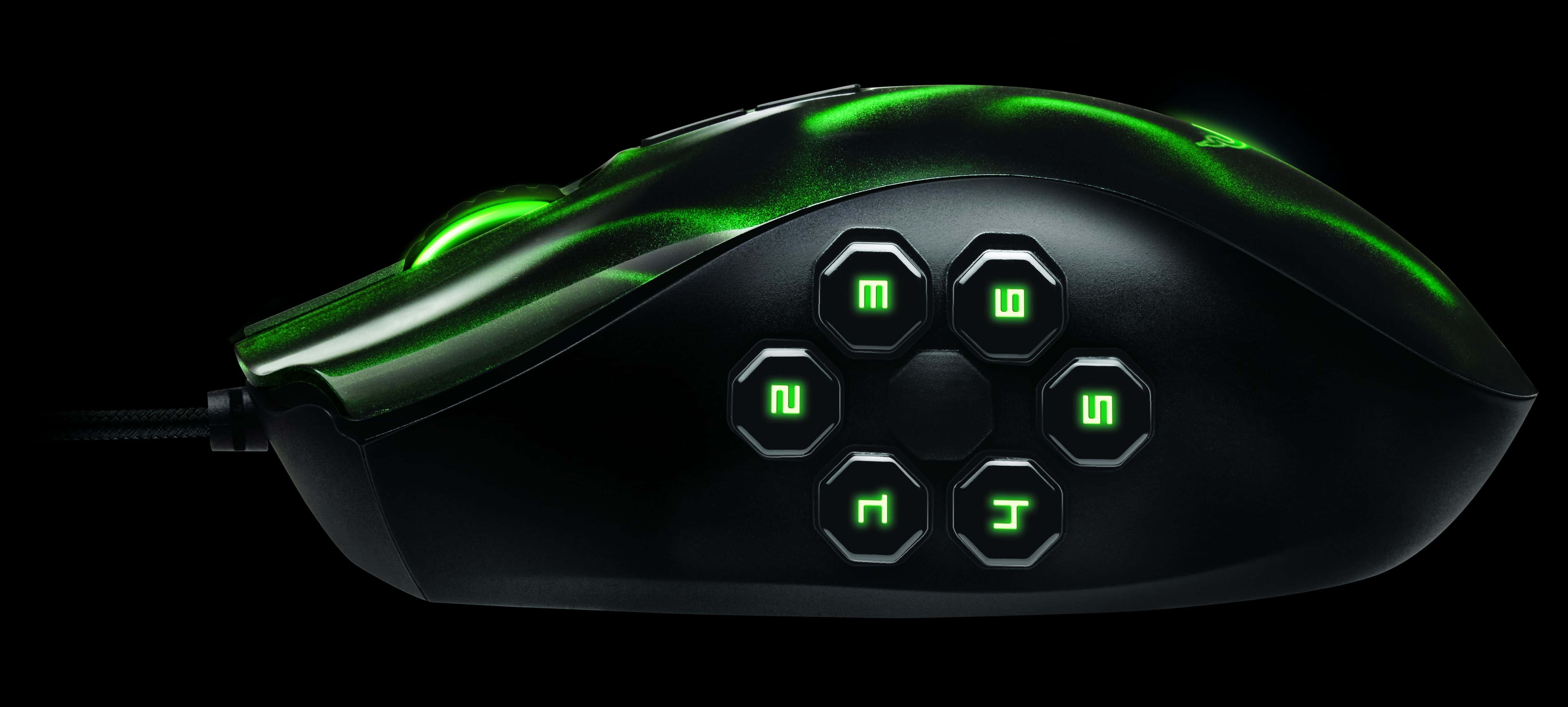 gaming mouse, black, glowing green accents, 4K Desktop Wallpaper