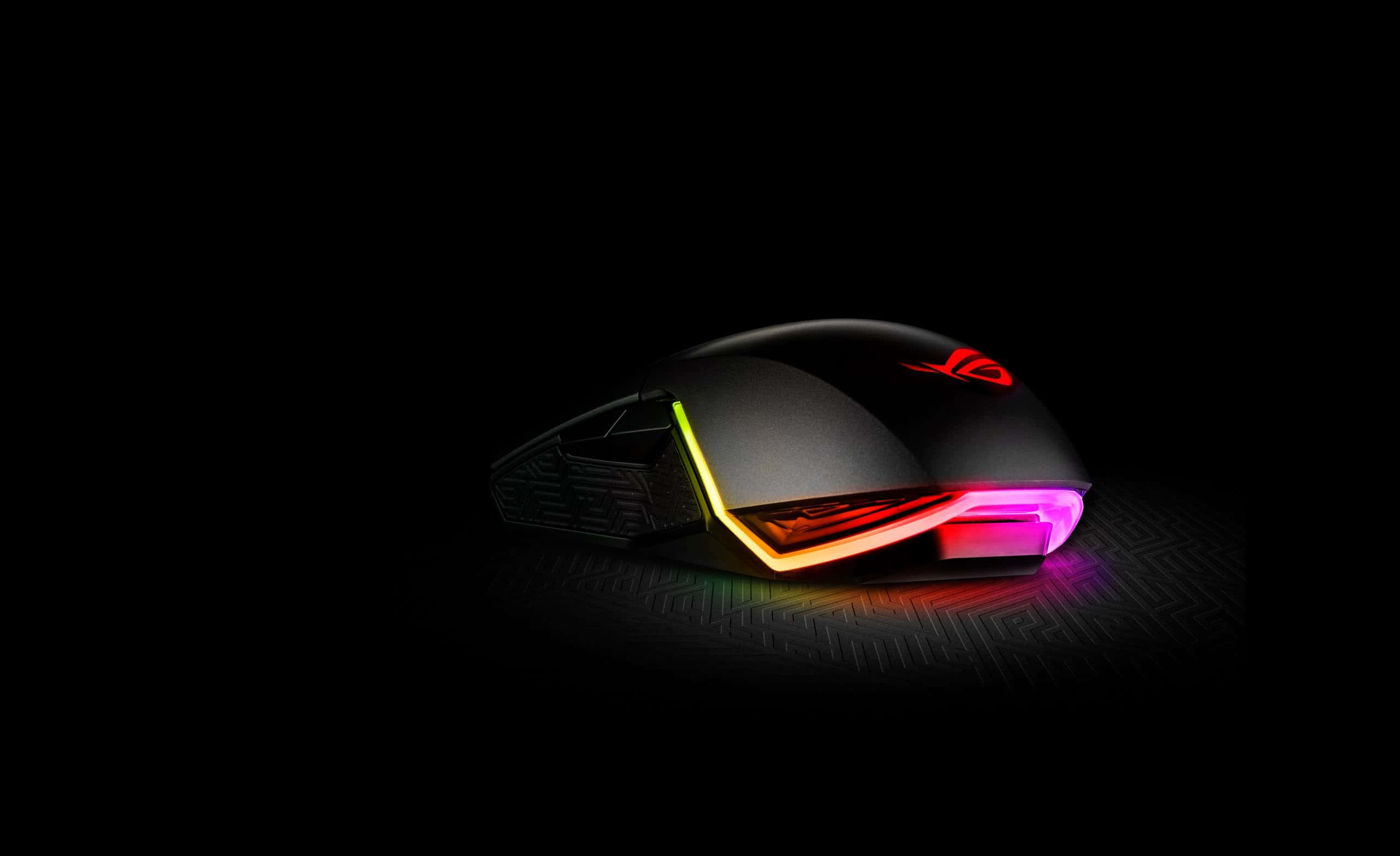 gaming mouse, neon lights, rainbow RGB lighting, 2K Desktop Wallpaper