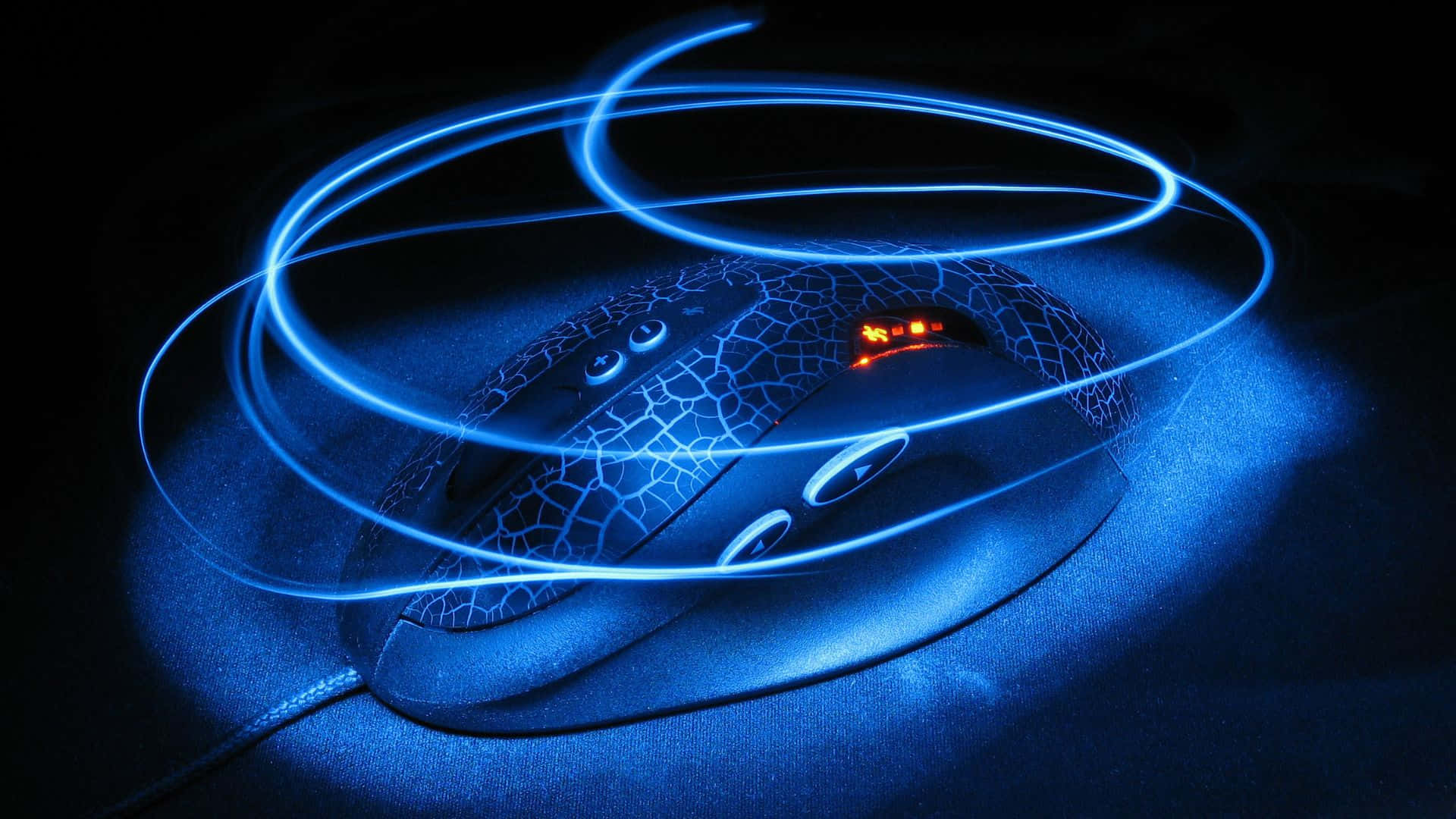 gaming mouse, glowing blue light trails, dark surface, Full HD Desktop Wallpaper