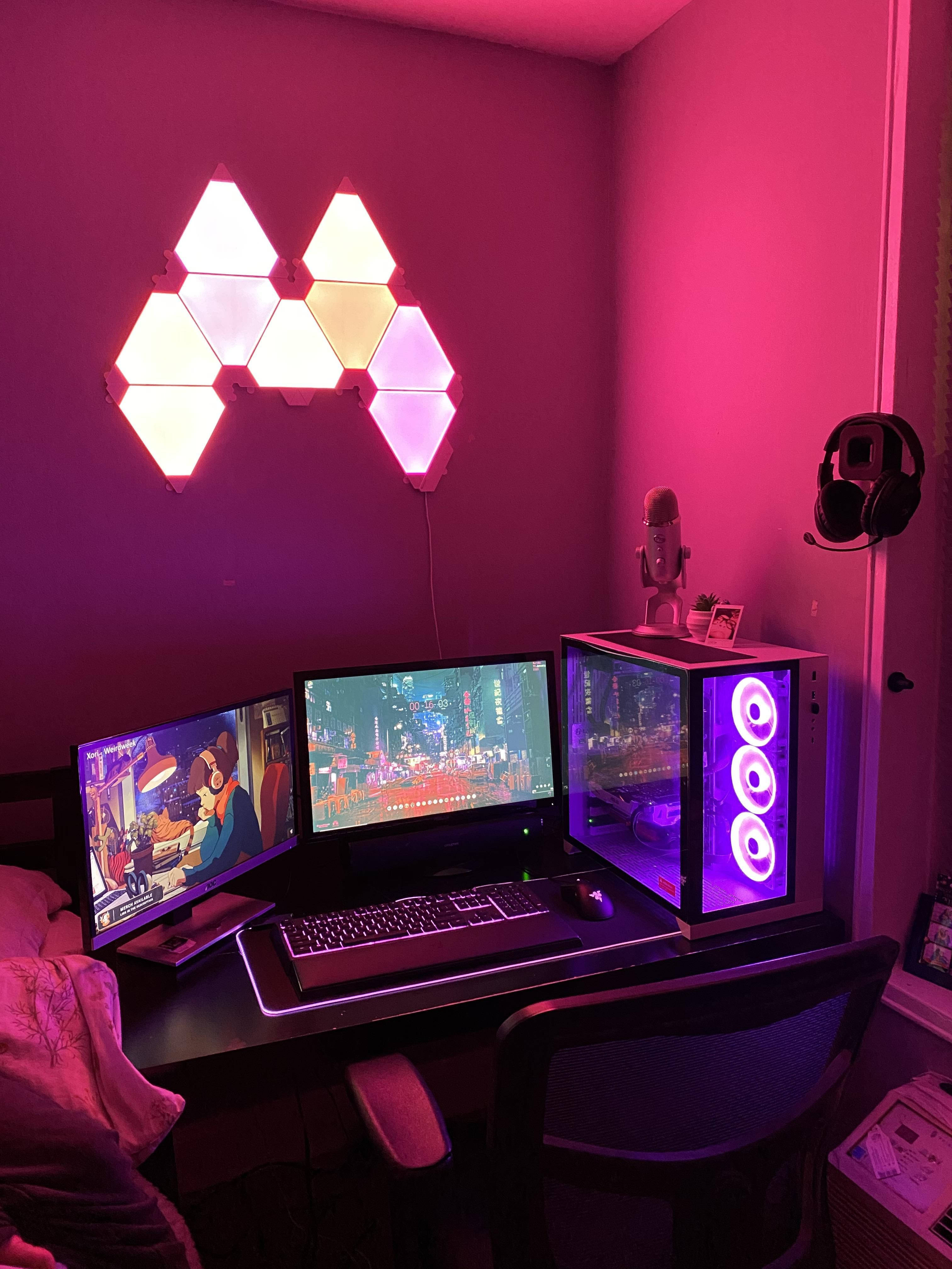 gaming room, pink lighting, purple LED light, 4K Phone Wallpaper