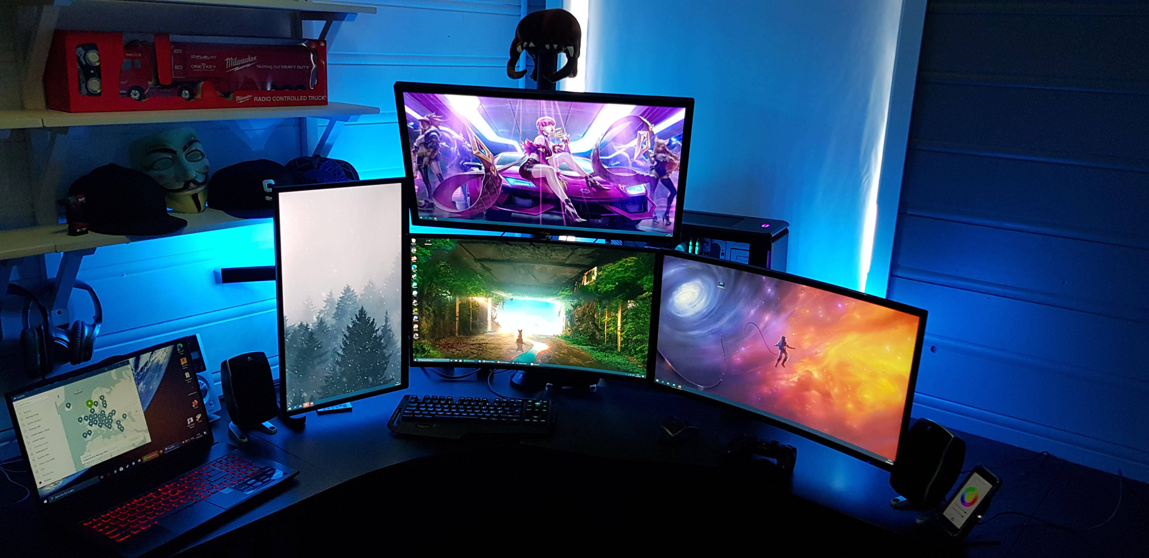 multi monitor desktop computer, four curved monitors, vibrant fantasy scenes, 4K Desktop Wallpaper