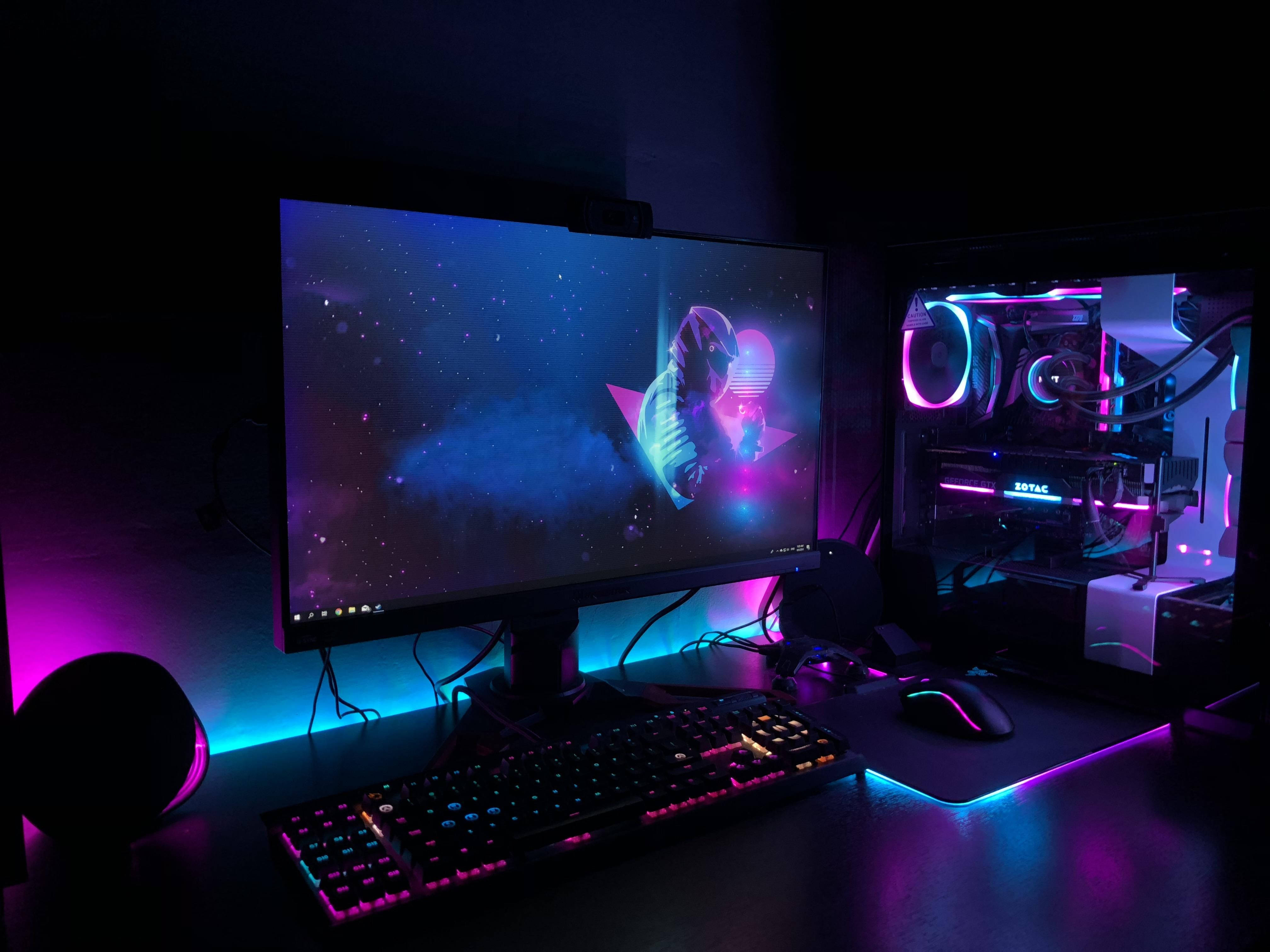 gaming room, magenta and cyan lights, vibrant purple and blue neon-lit PC, 4K Desktop Wallpaper