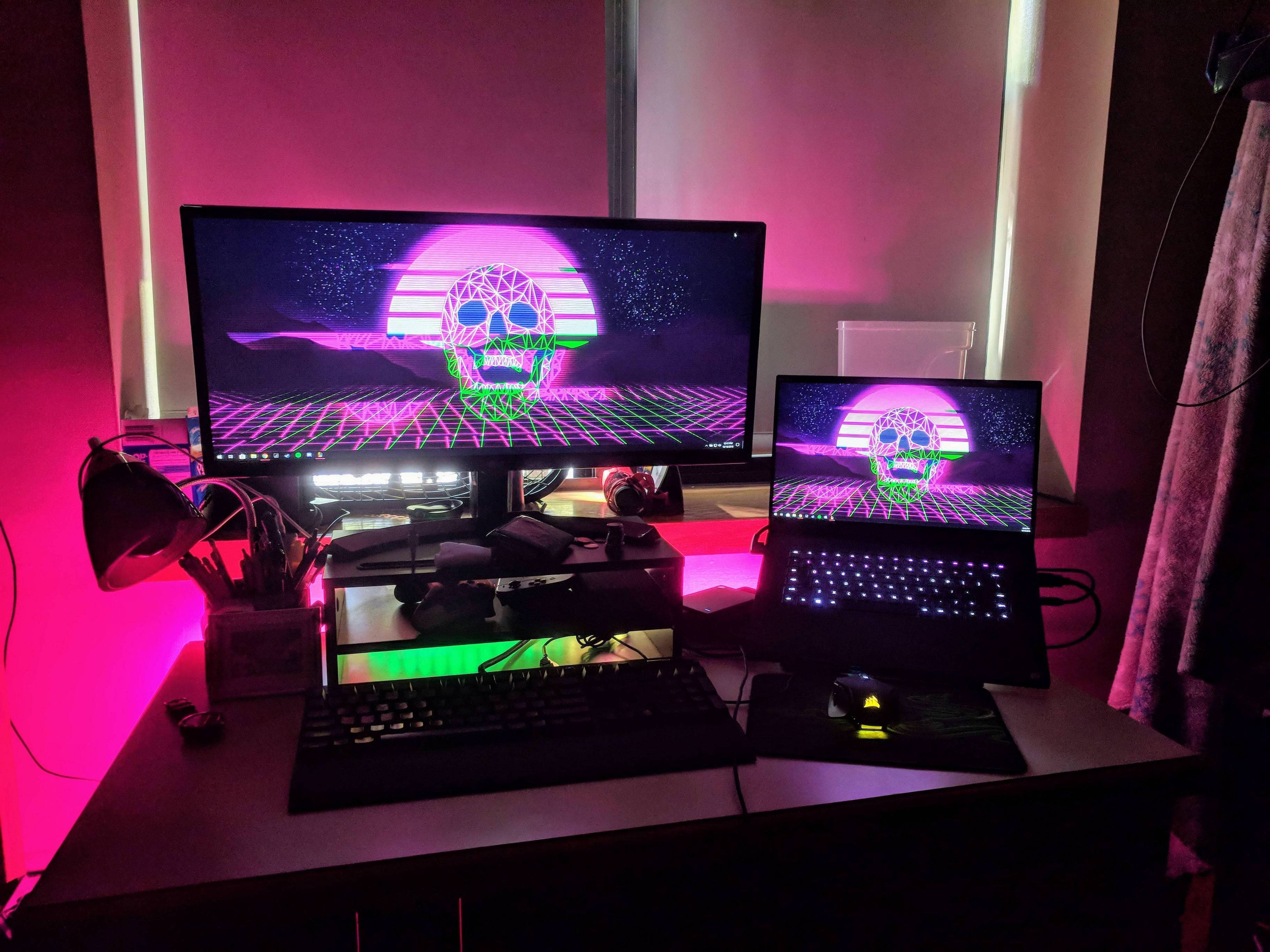 Gaming Room, retro wave, neon cyberpunk skull wallpaper, 2K Desktop Wallpaper