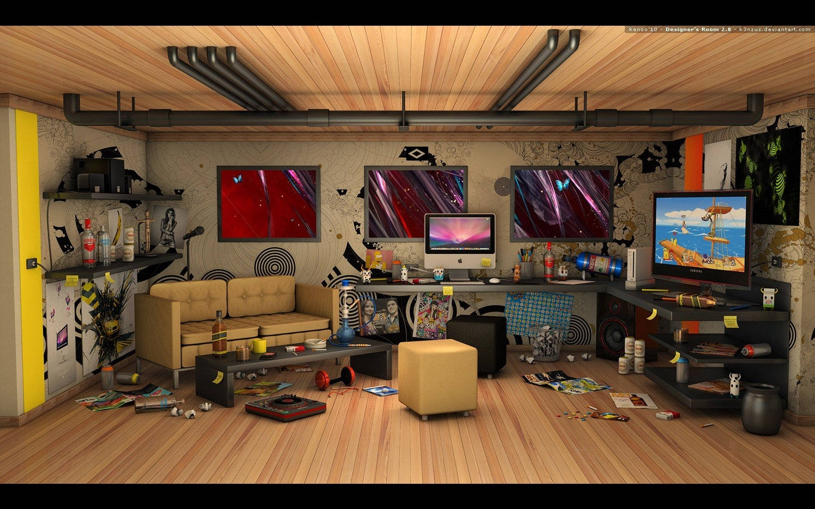 Gaming Room, casual basement, exposed pipes, HD Desktop Wallpaper