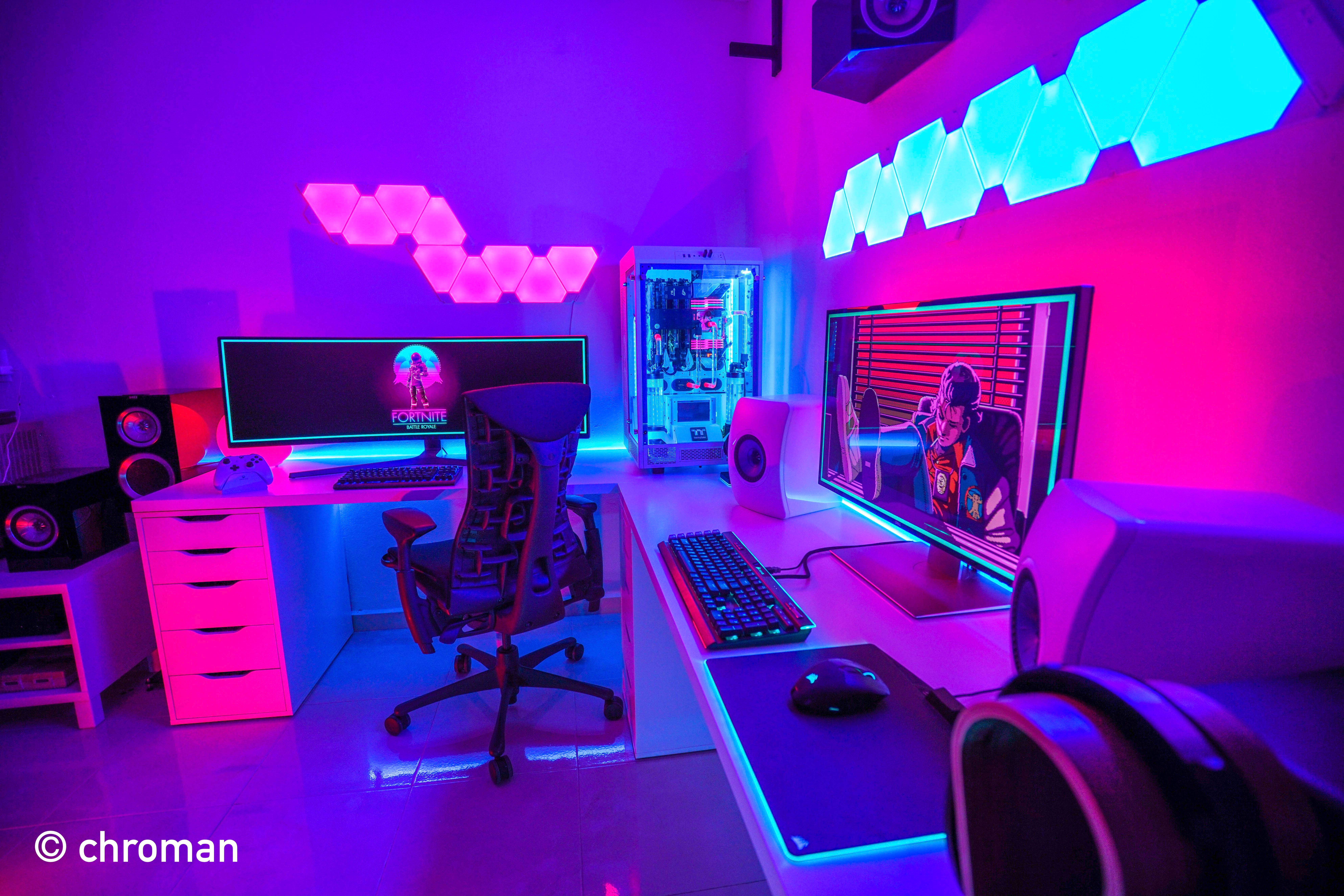 Gaming Room, neon pink, blue LED lights, 8K Desktop Wallpaper
